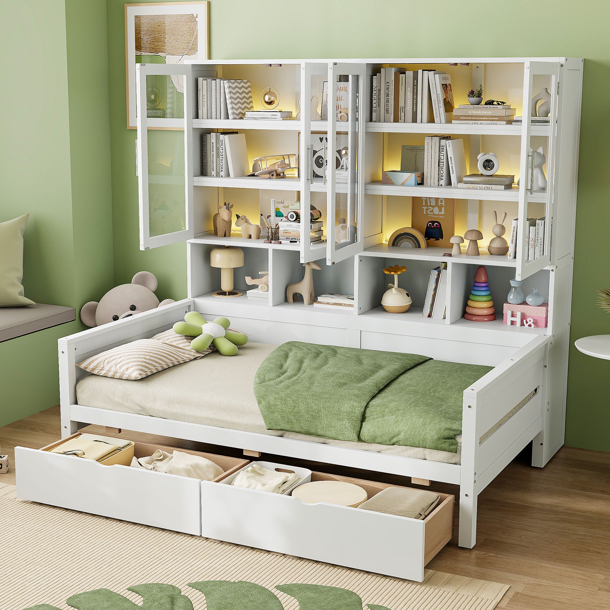 Daybed With Glass Door Storage Cabinets, Built In LED Lighting And Shelves