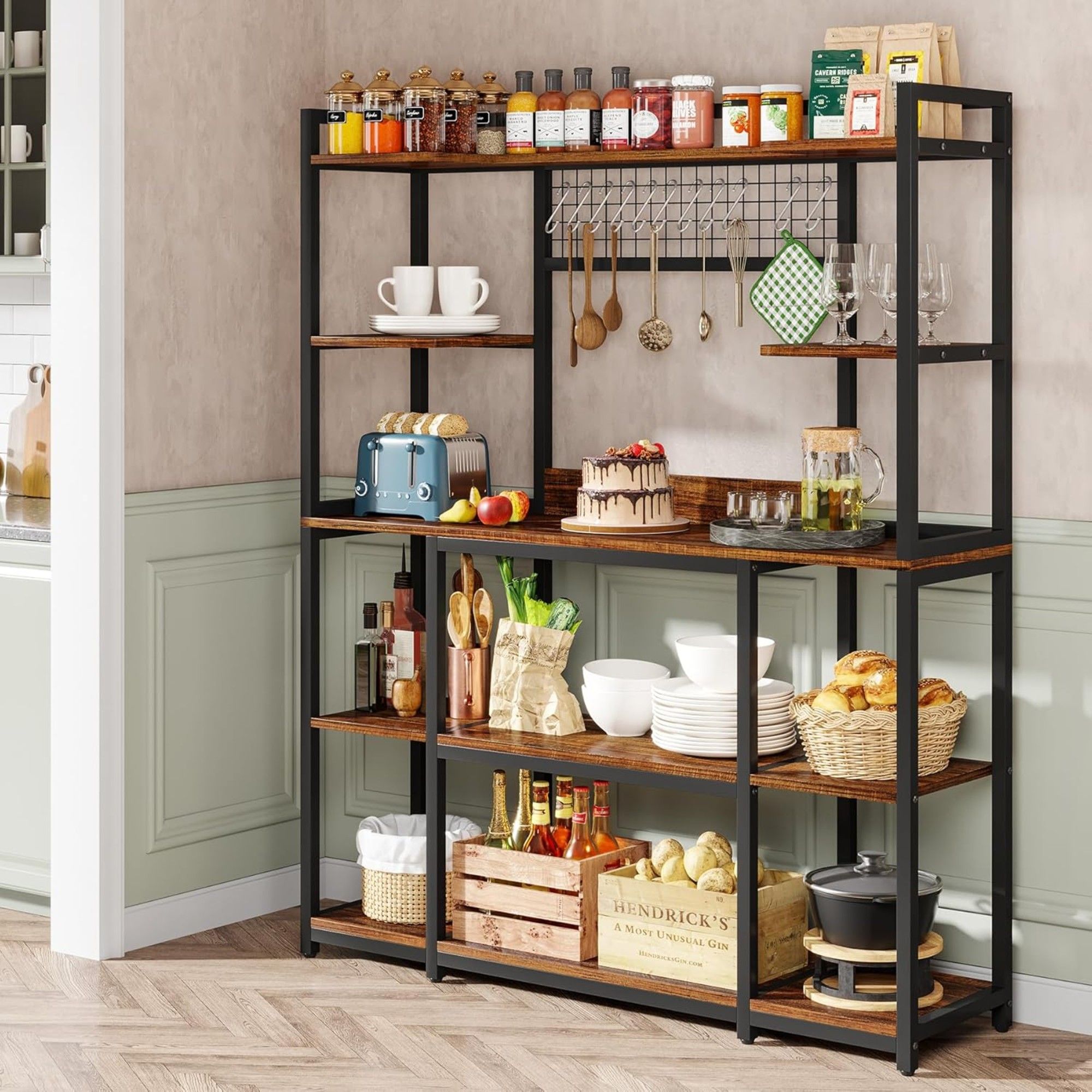 Baker's Rack With Hutch, 5 Tier Kitchen Storage Shelf, Freestanding Utility Pantry Organizer With Hooks And Microwave Stand - Black