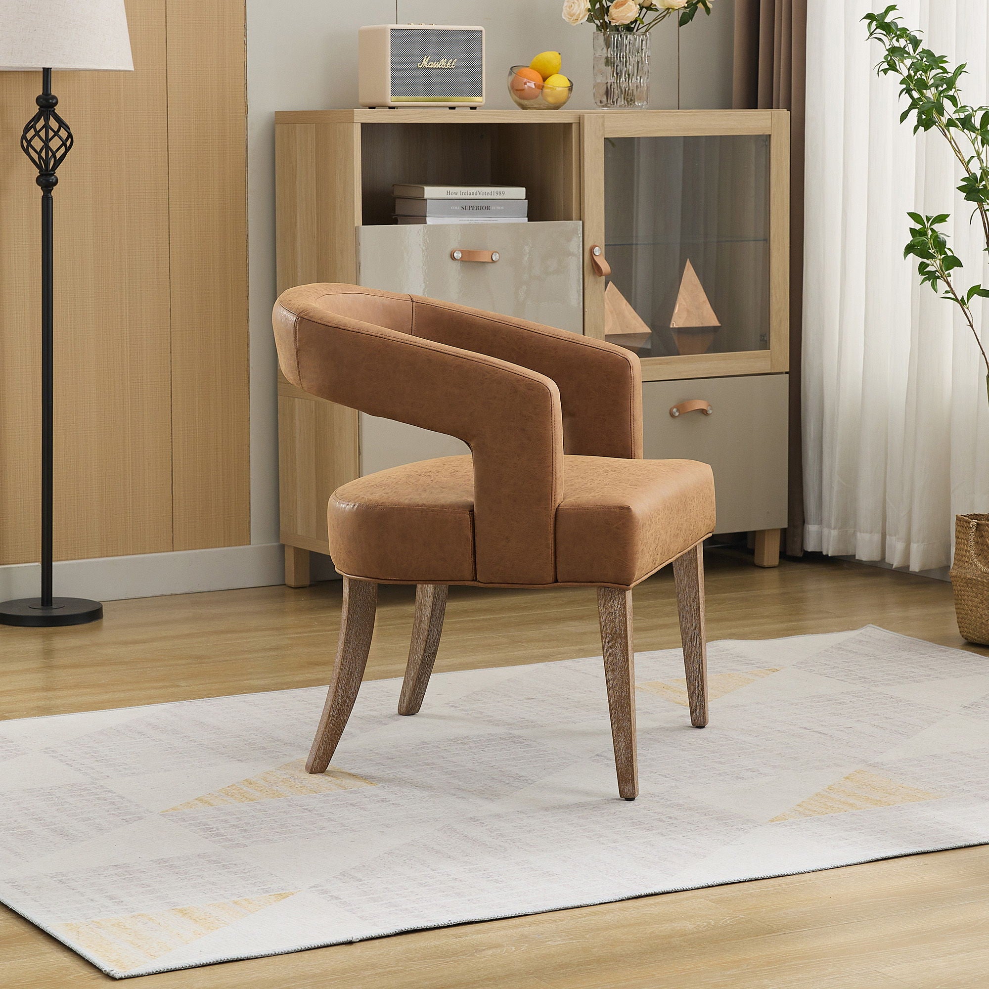 Wide Modern Barrel Open Back Upholstered Accent Chair With Weathered Solid Wood Legs