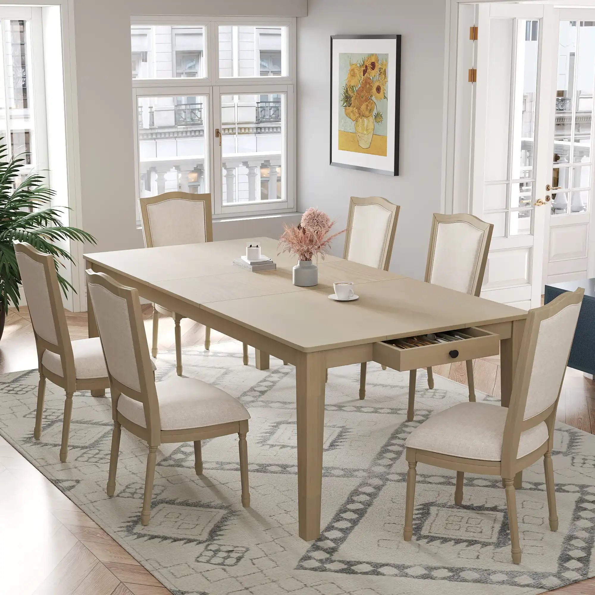 Rustic 7-Piece Extendable Dining Table Set with 6 Chairs, Natural