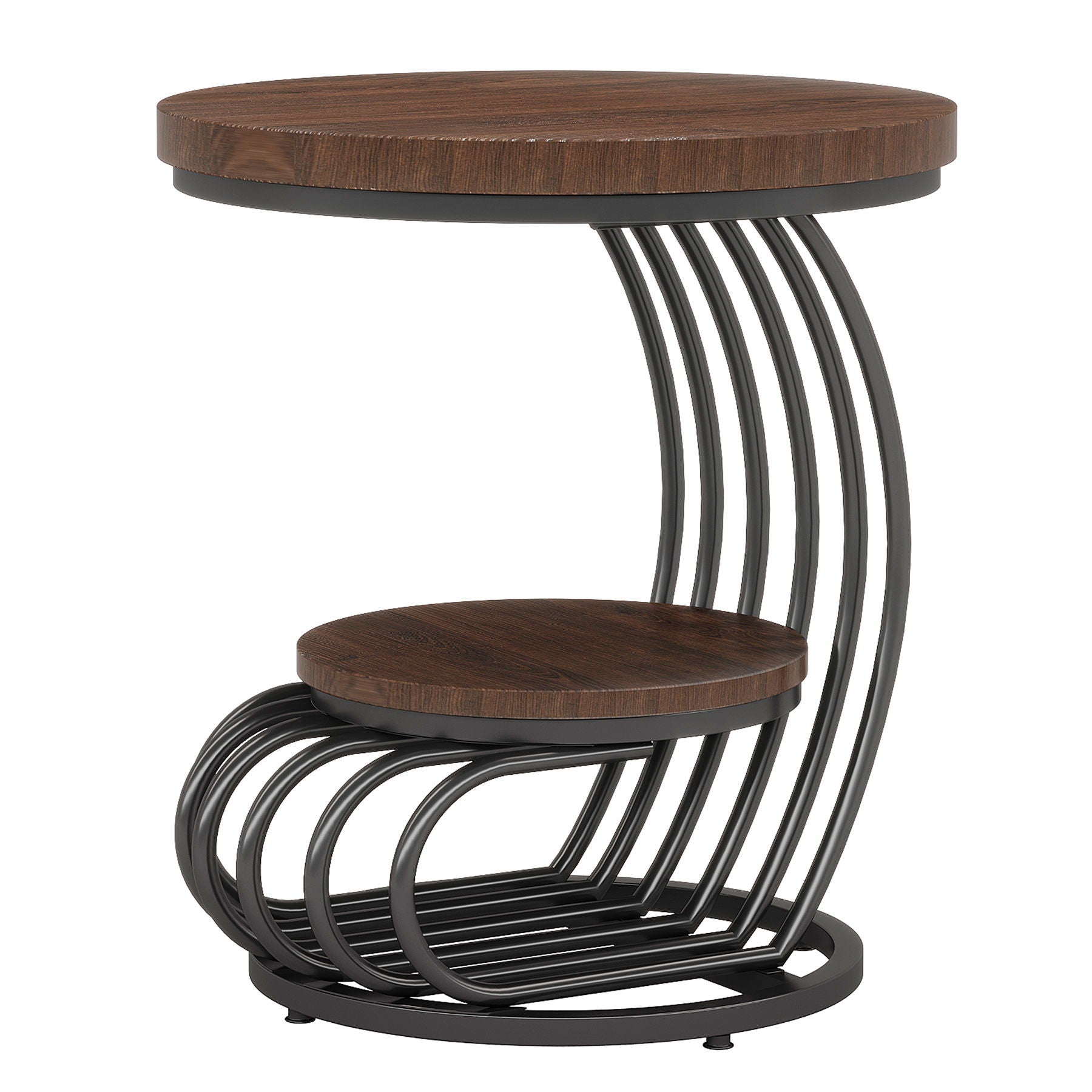 Round Vintage End Table With 2 Tier Storage