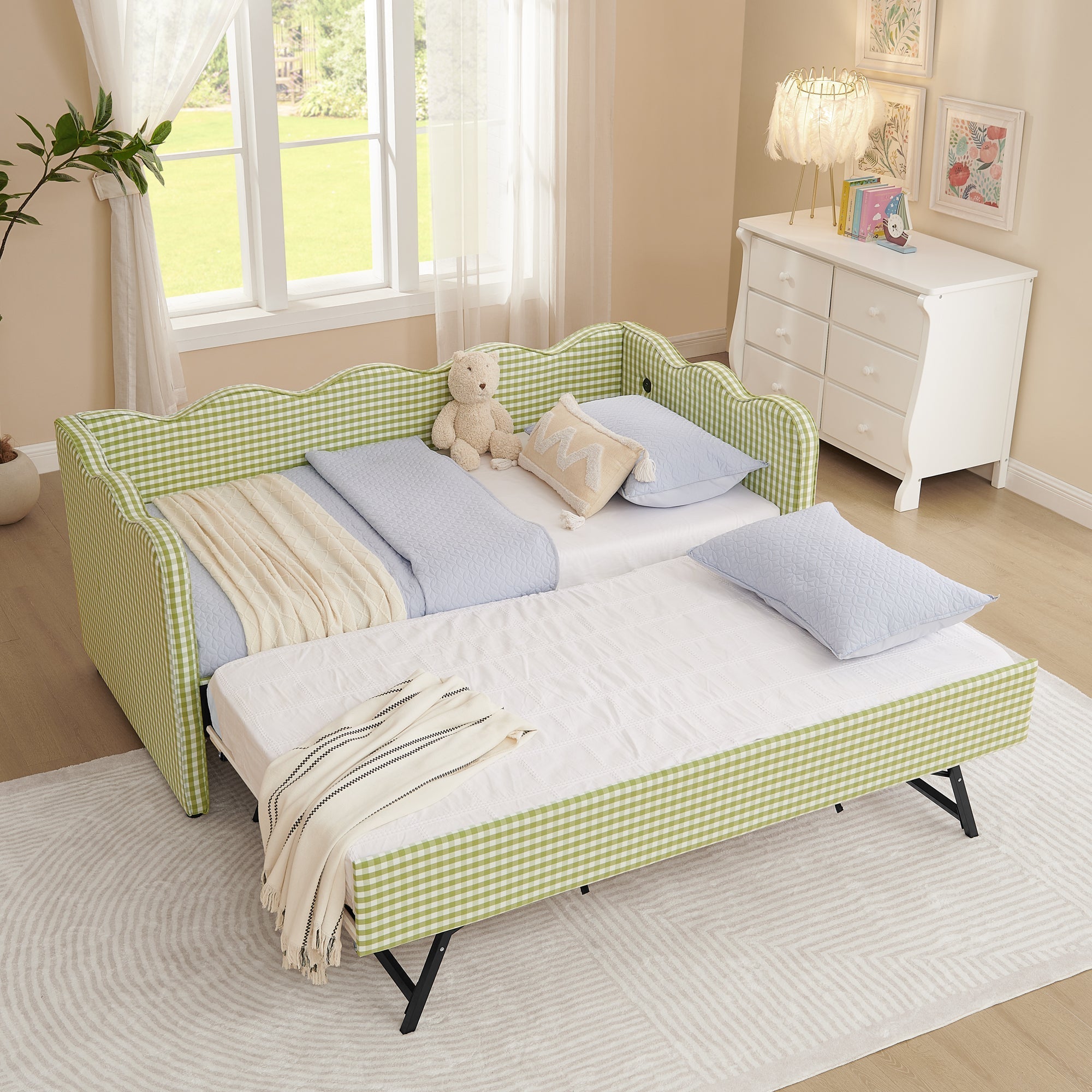 Cozy Gingham Daybed with Trundle Twin Size Sofa Bed