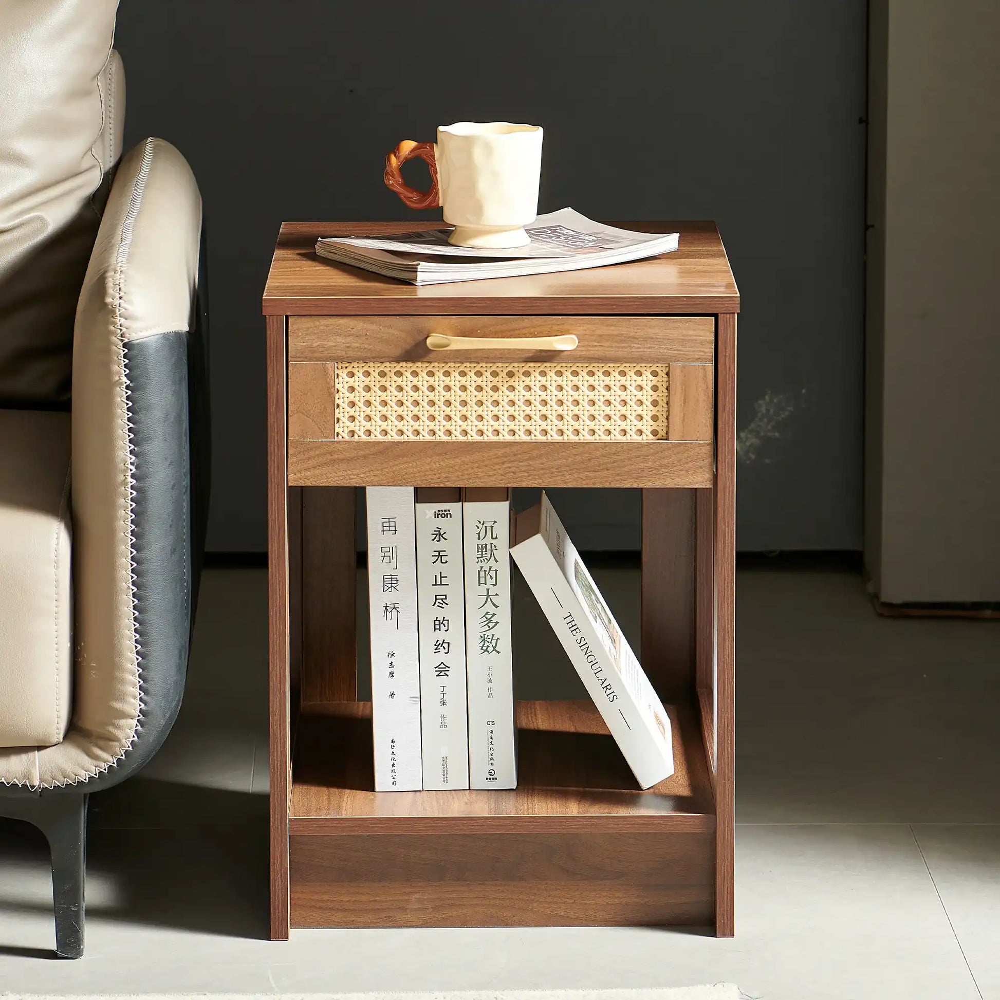 Modern Walnut Rattan Nightstand with Drawer - Best Buy Furniture