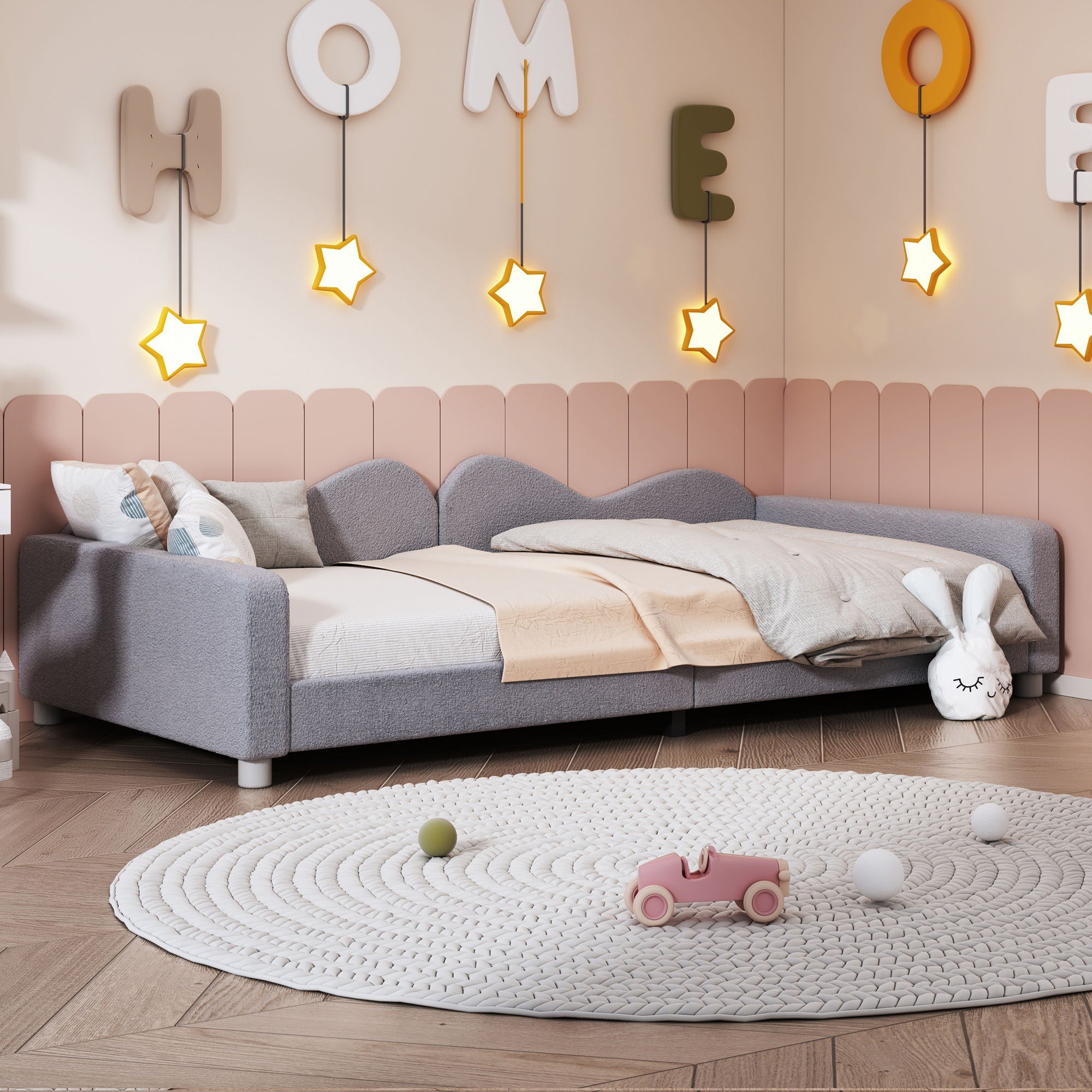 Upholstered Daybed, Sherpa Fabric Sofabed With Cloud-Shaped Backrest