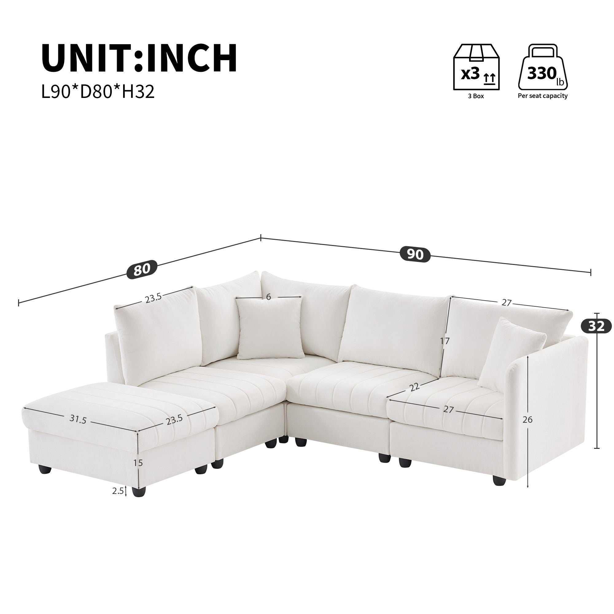 Modern Sectional Sofa With Vertical Stripes, 2 Pillows, 5 Seat Couch With Convertible Ottoman, Various Combinations, L-Shape Indoor Furniture For Living Room