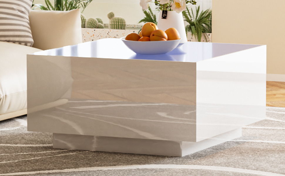 Square High Glossy Coffee Table With 16 Color Led Strip Lights, Modern Center Table With 5Mm Frosted Tempered Glass Top For Living Room - Best Buy Furniture