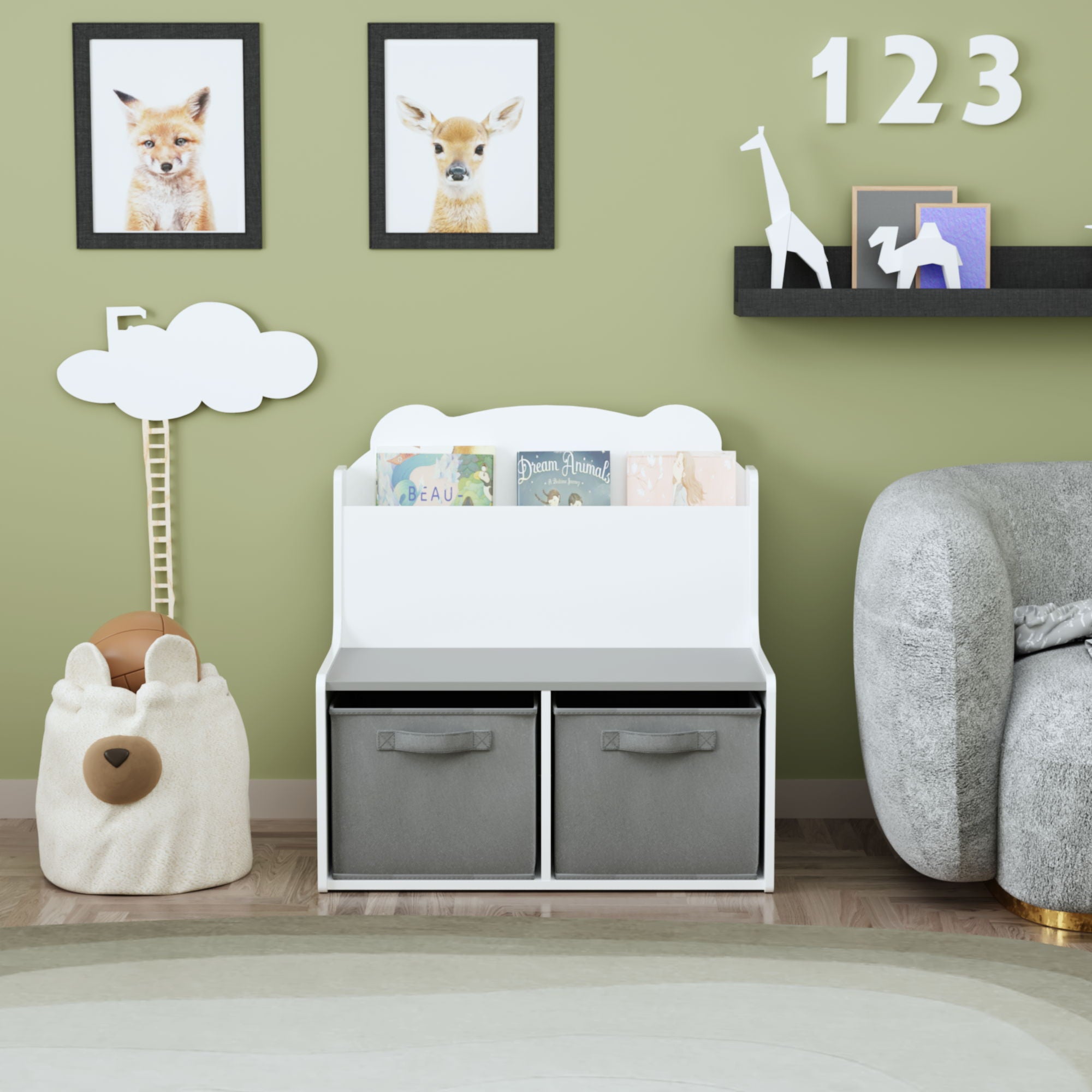 Bookshelf With Storage Bins, Bookcase With Book Display Shelf And 2 Bins, Cute Bear Shaped Backboard, Toy Organizer - White