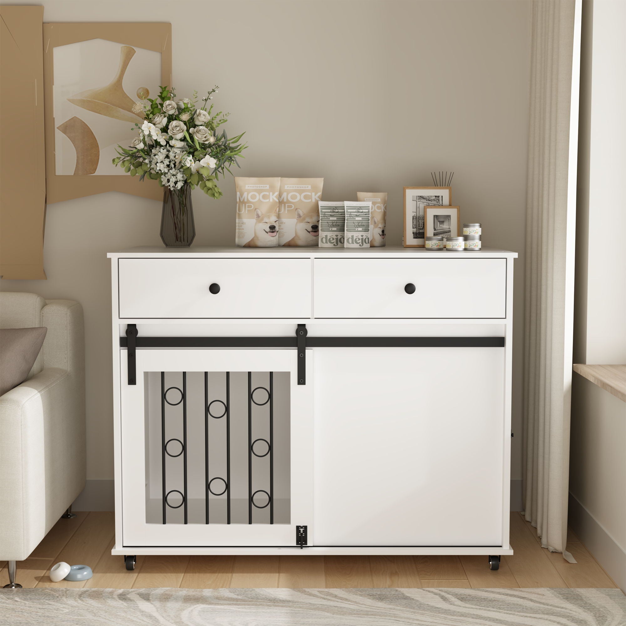 Dog Crate Furniture With Double Drawers And Sliding Barn Door, Pet Kennel For Small To Medium Dogs - White