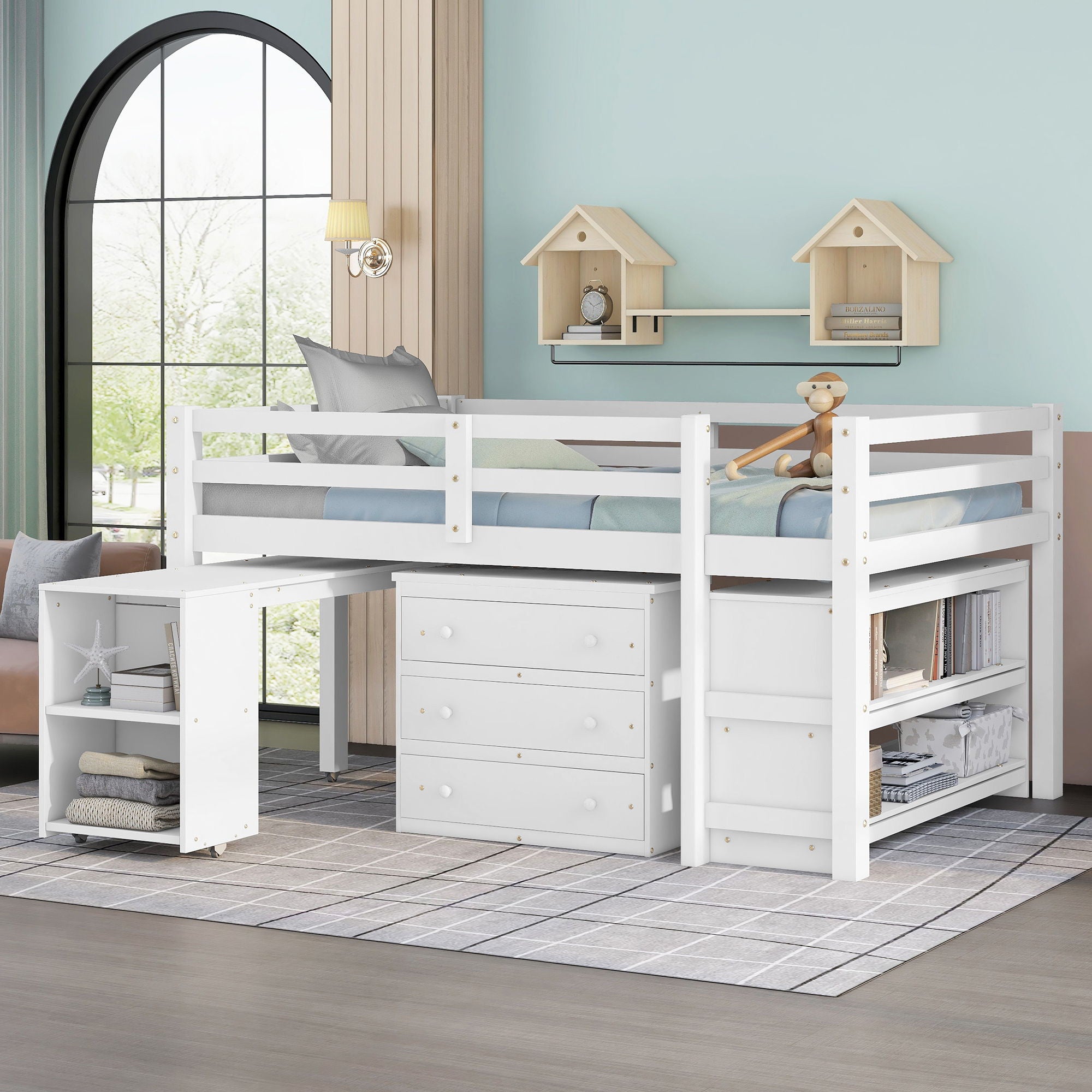 Loft Low Study Bed With Cabinet, Shelves And Rolling Portable Desk, Multiple Functions