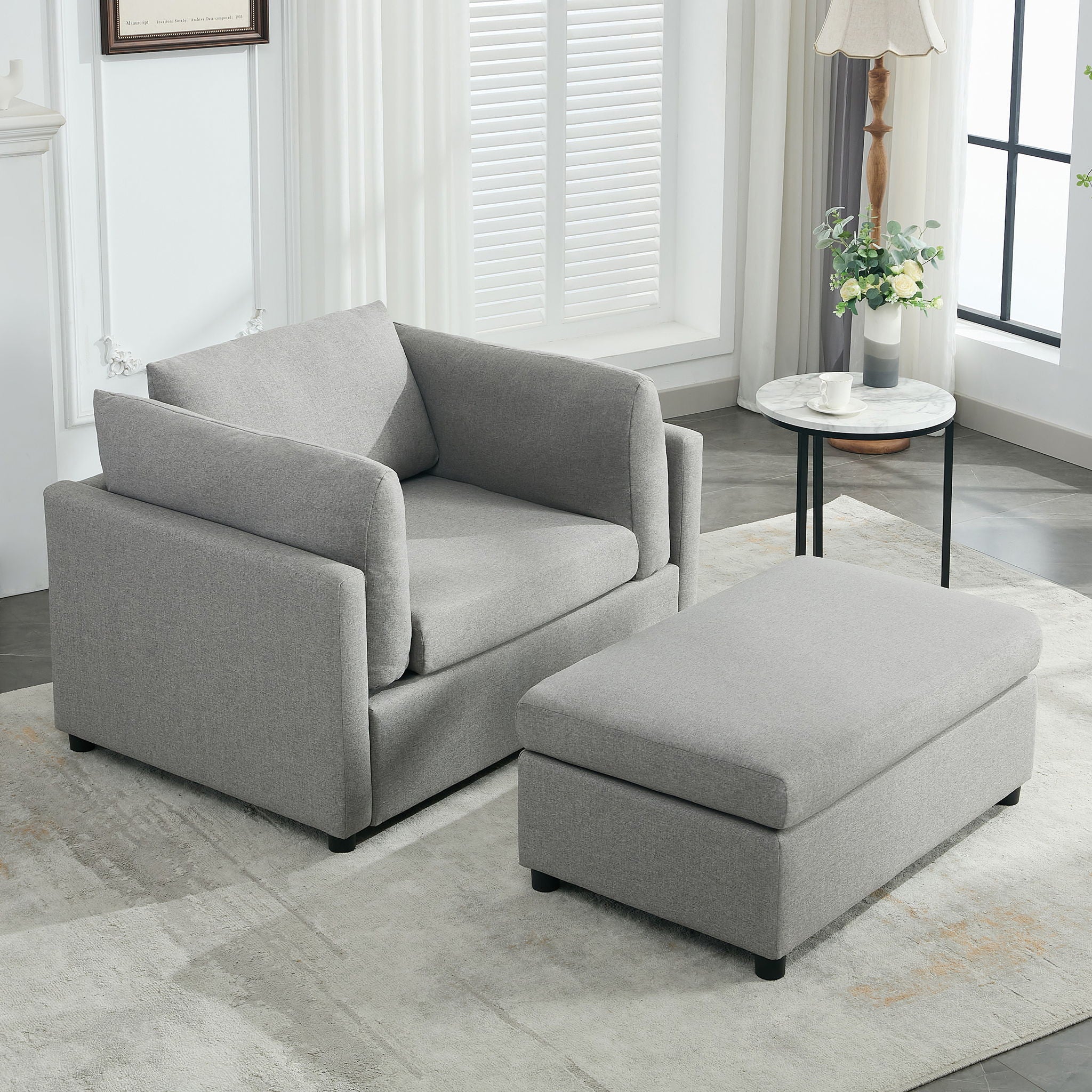 Wide Modern Oversized Armchair With Ottoman Stool, Single Sofa With Lumbar Support, Accent Chair