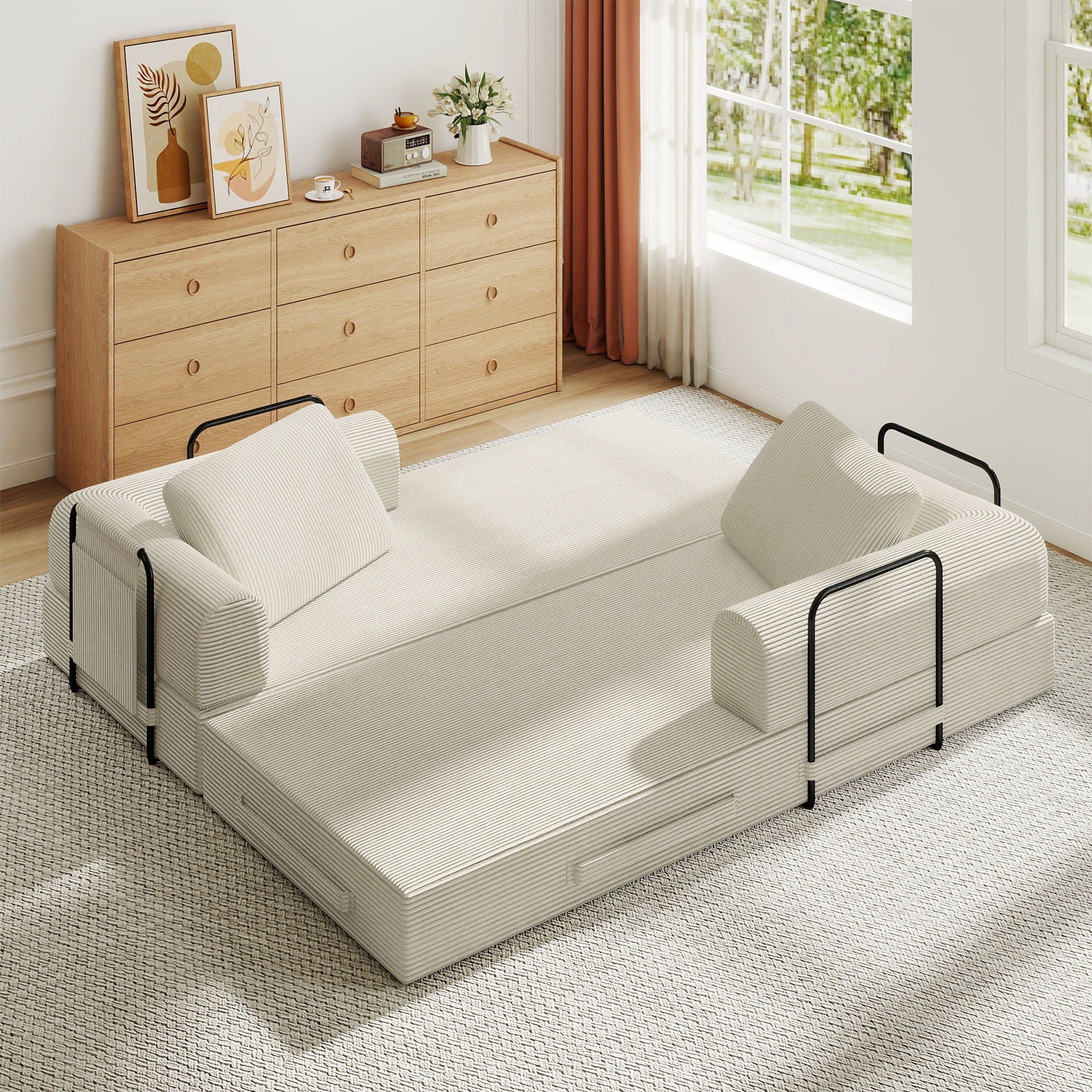 Convertible Sleeper Sofa Bed With Cylindrical Pillow, Fixed Shape Frame