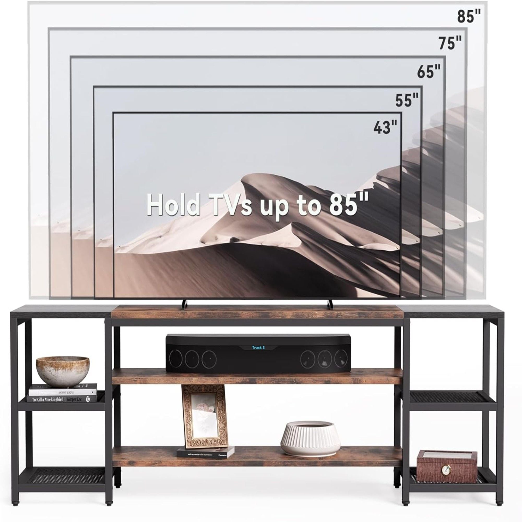 TV Stand For TVs, Extra Long With 3 Tier Ventilated Shelves - Rustic Brown