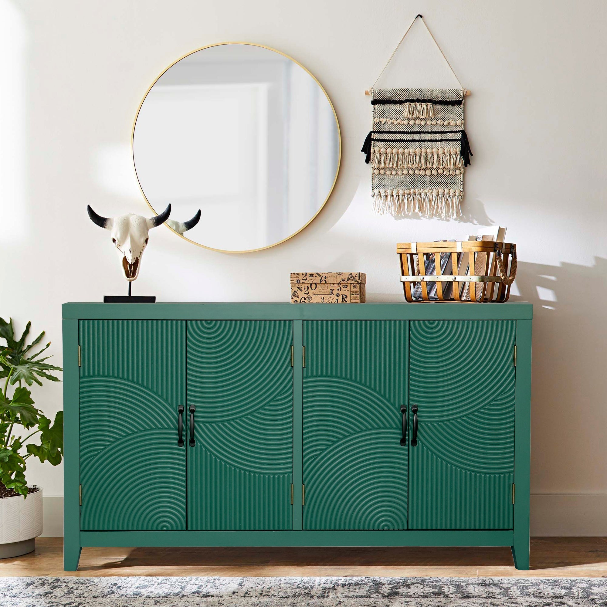 59in Green Accent Cabinet with 4 Doors Mid Century Modern Buffet