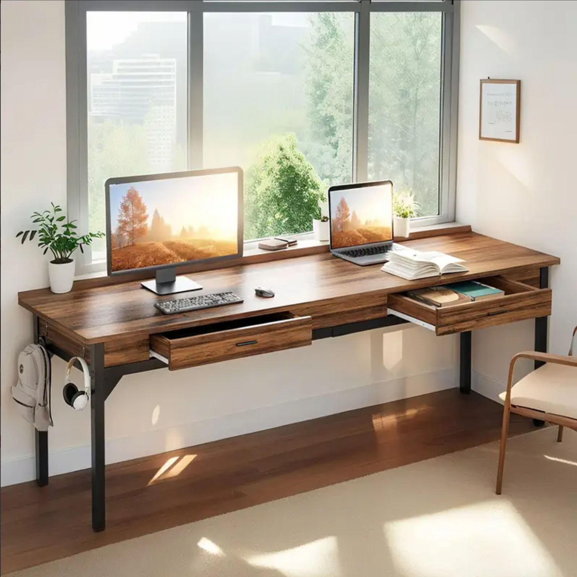 Double Office Desk For 2 With Frame, Long Workstation With 2 Drawers And Hooks - Brown / Black