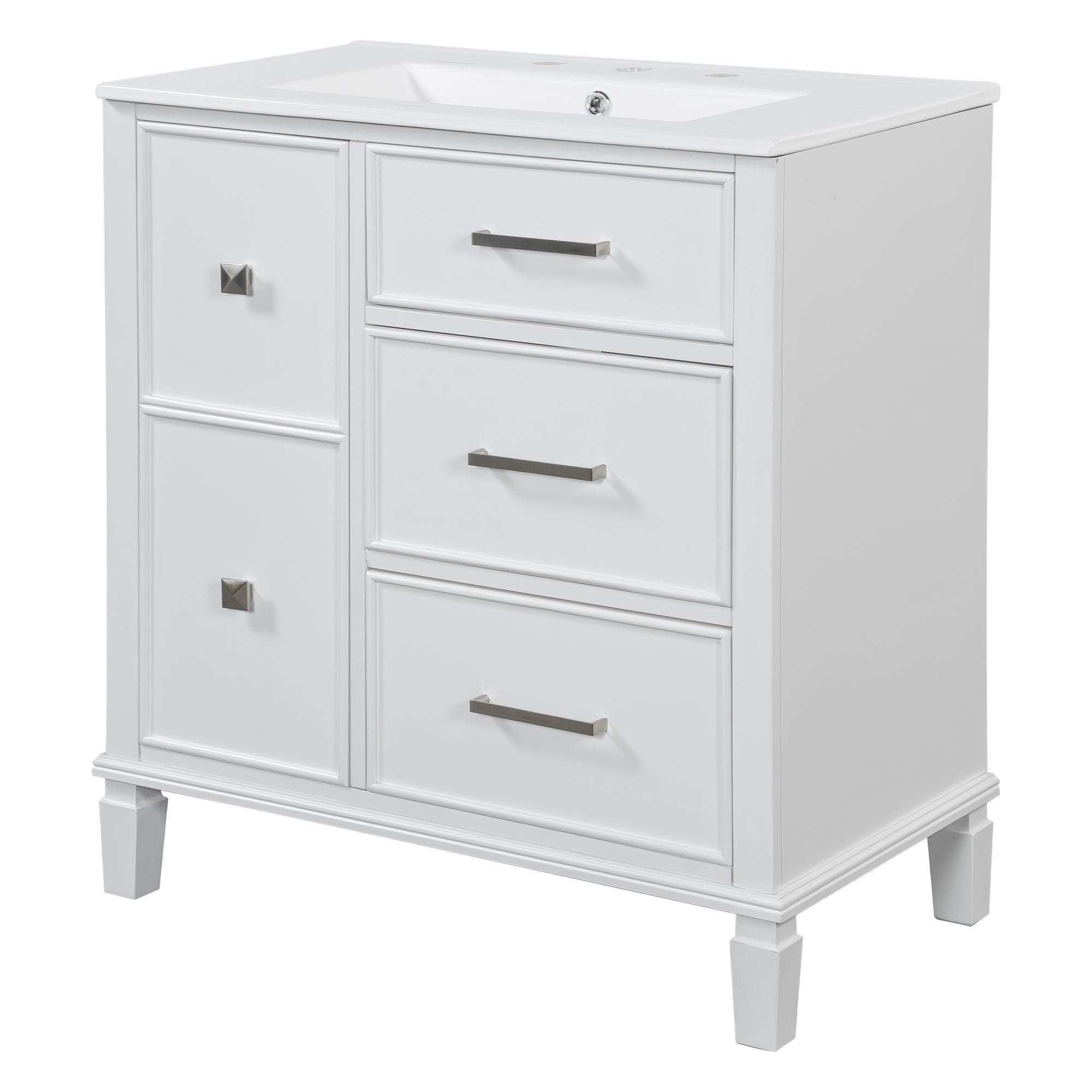 Bathroom Vanity With Ceramic Sink, Flip Out Drawer Design For Plumbing, Soft Close Drawers