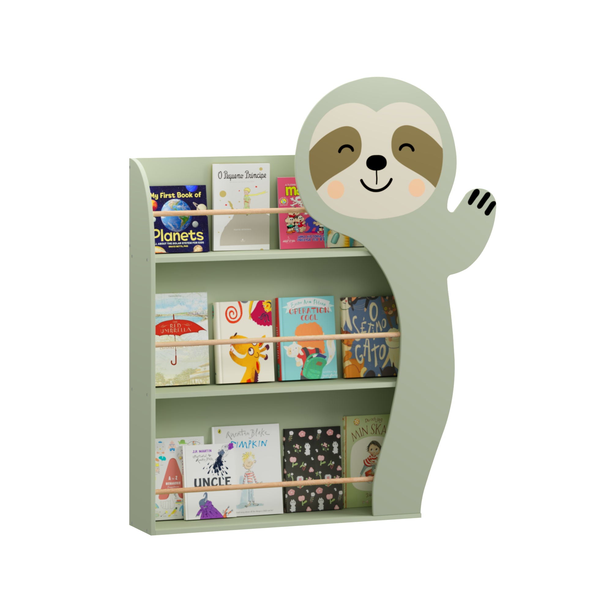 Sloth Bookshelf, Front Facing Toddler Book Display Rack With 3 Tiers, Cute Animal Design - Sage Green