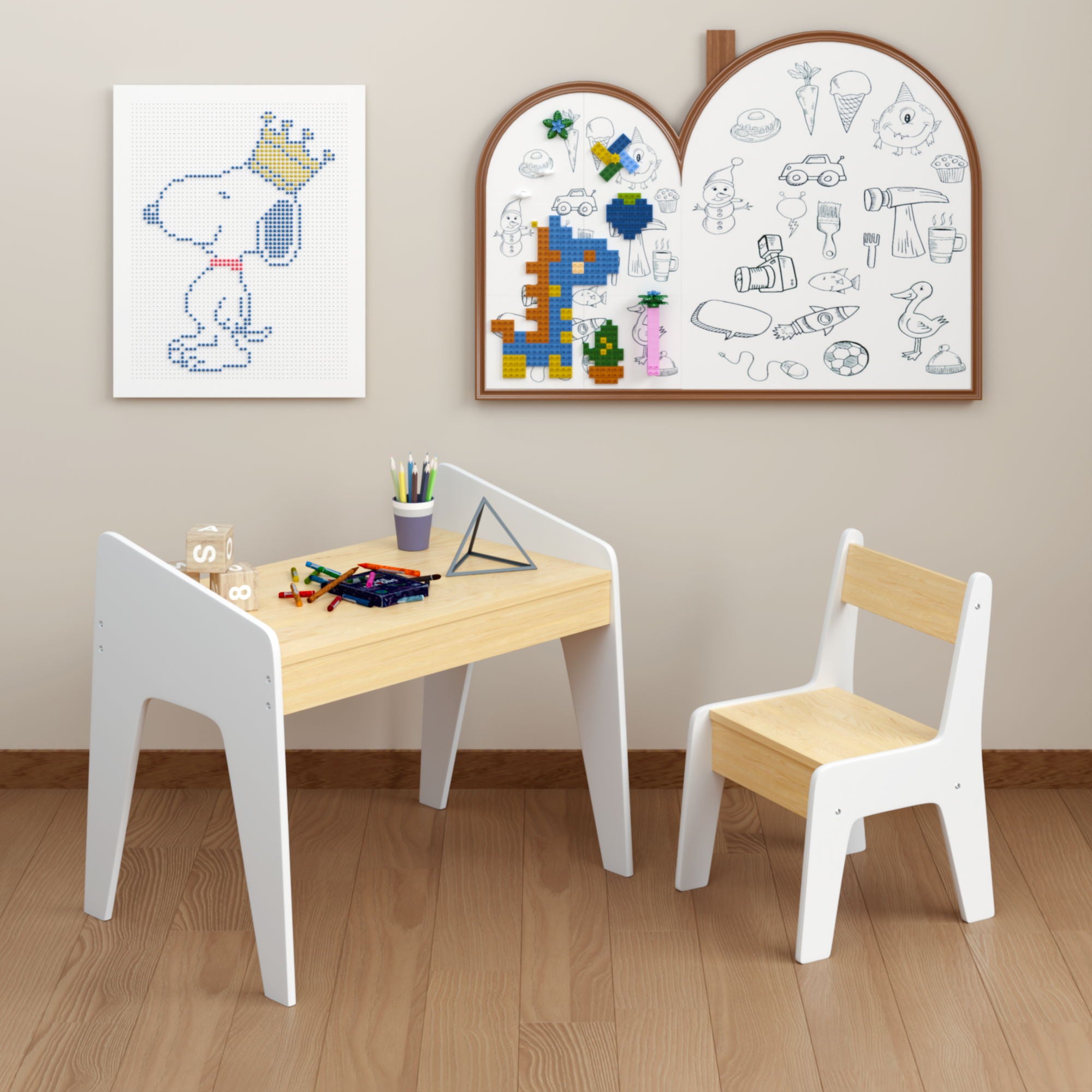 Table Set With 1 Chair, Children Study Table For Ages 2 - 8 - White