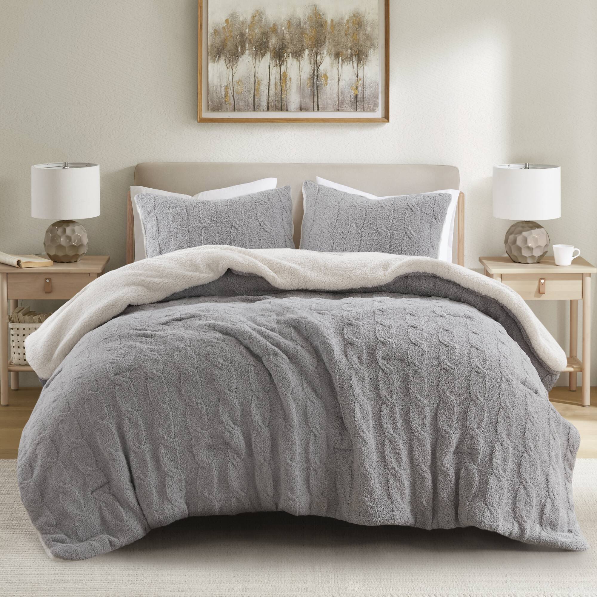3 Pieces Full/Queen Cable Knit Chenille Comforter Set Gray