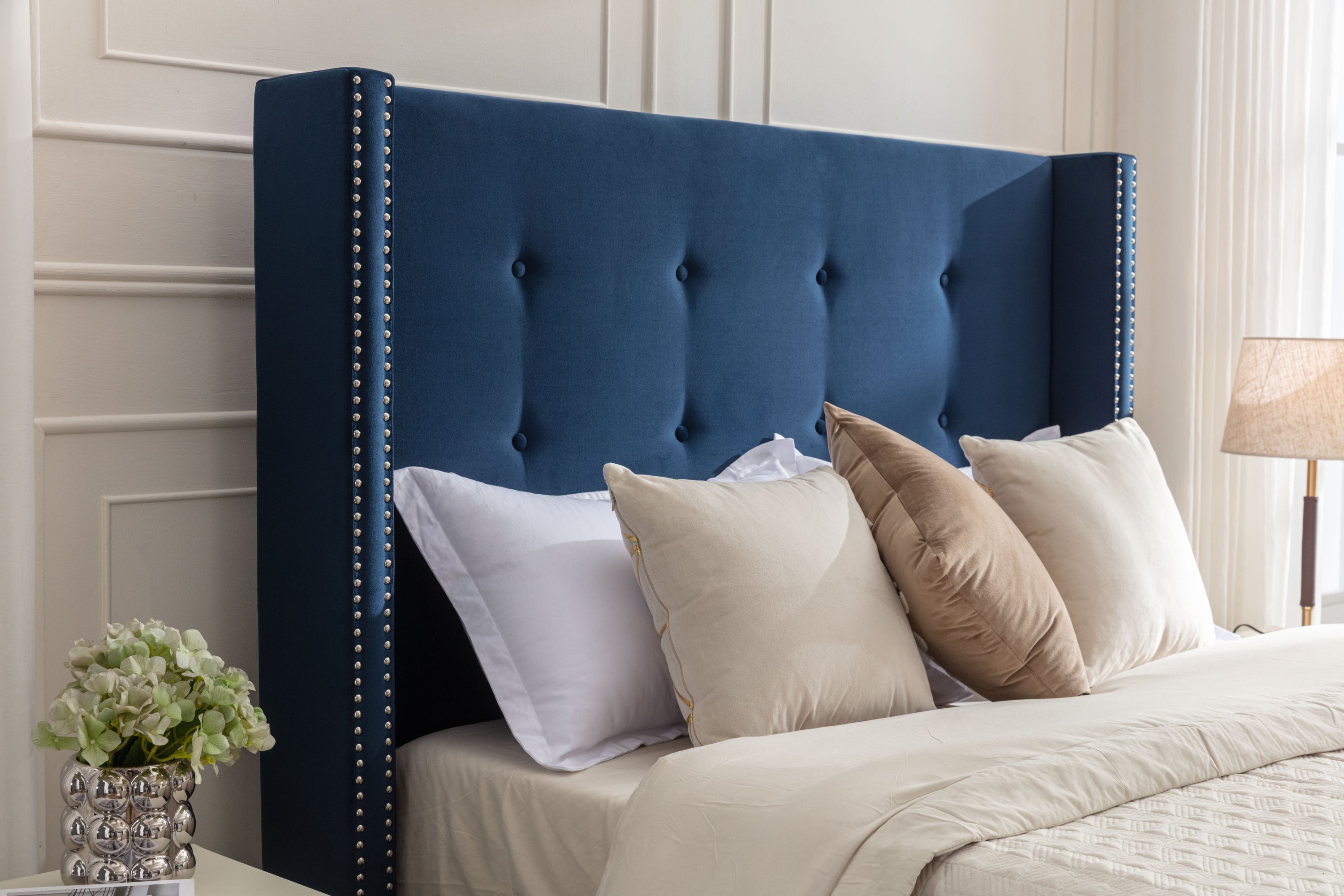 Luxury Wingback Upholstered Bed Frame – King or Queen Sizes, Ivory or Navy Fabric