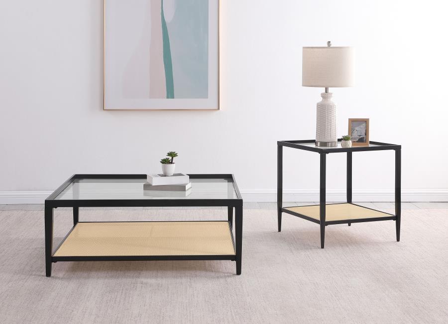 Amherst - Glass Top Metal with Cane Shelf Table