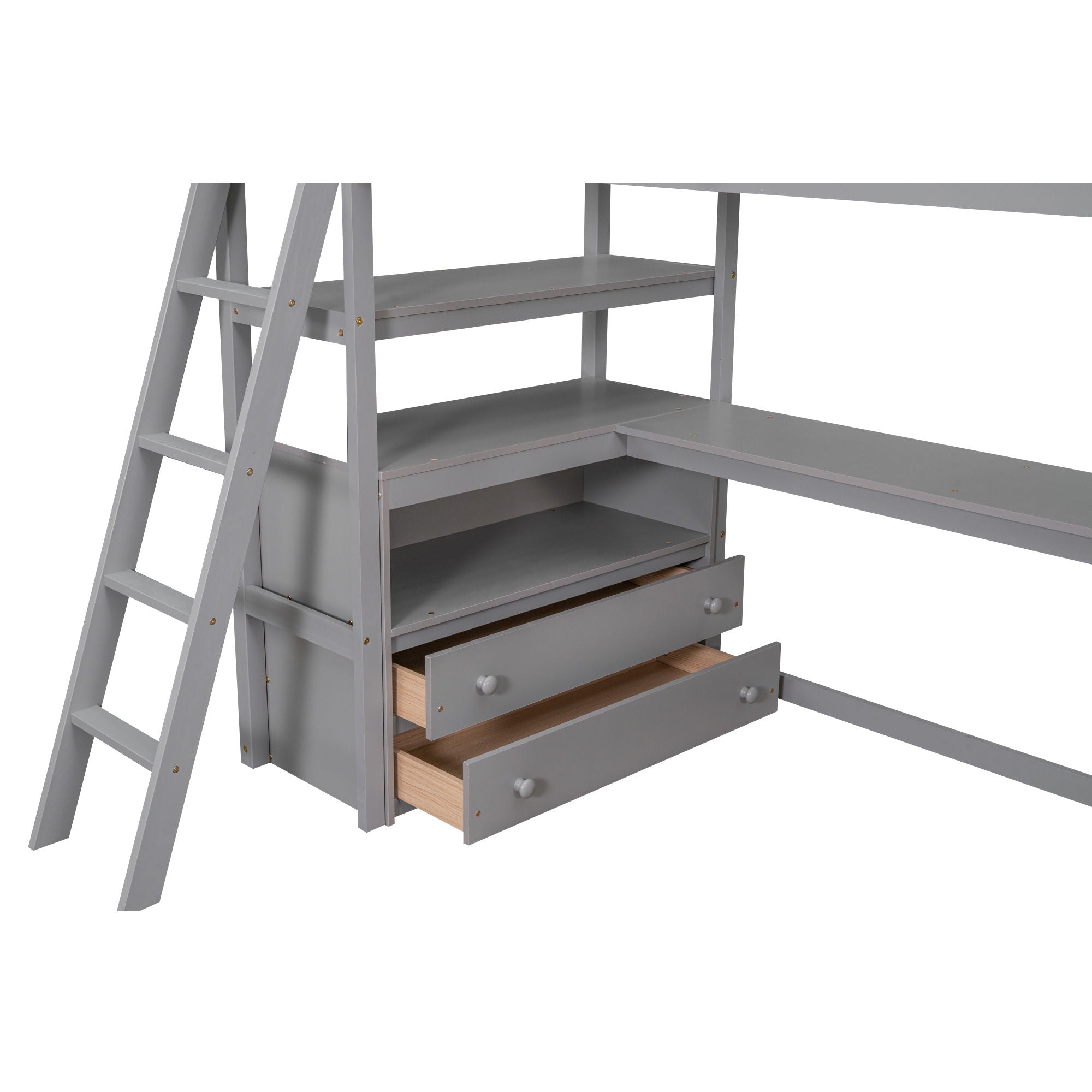 Modern Loft Bed With Built In Desk, Shelves, And 2 Drawers