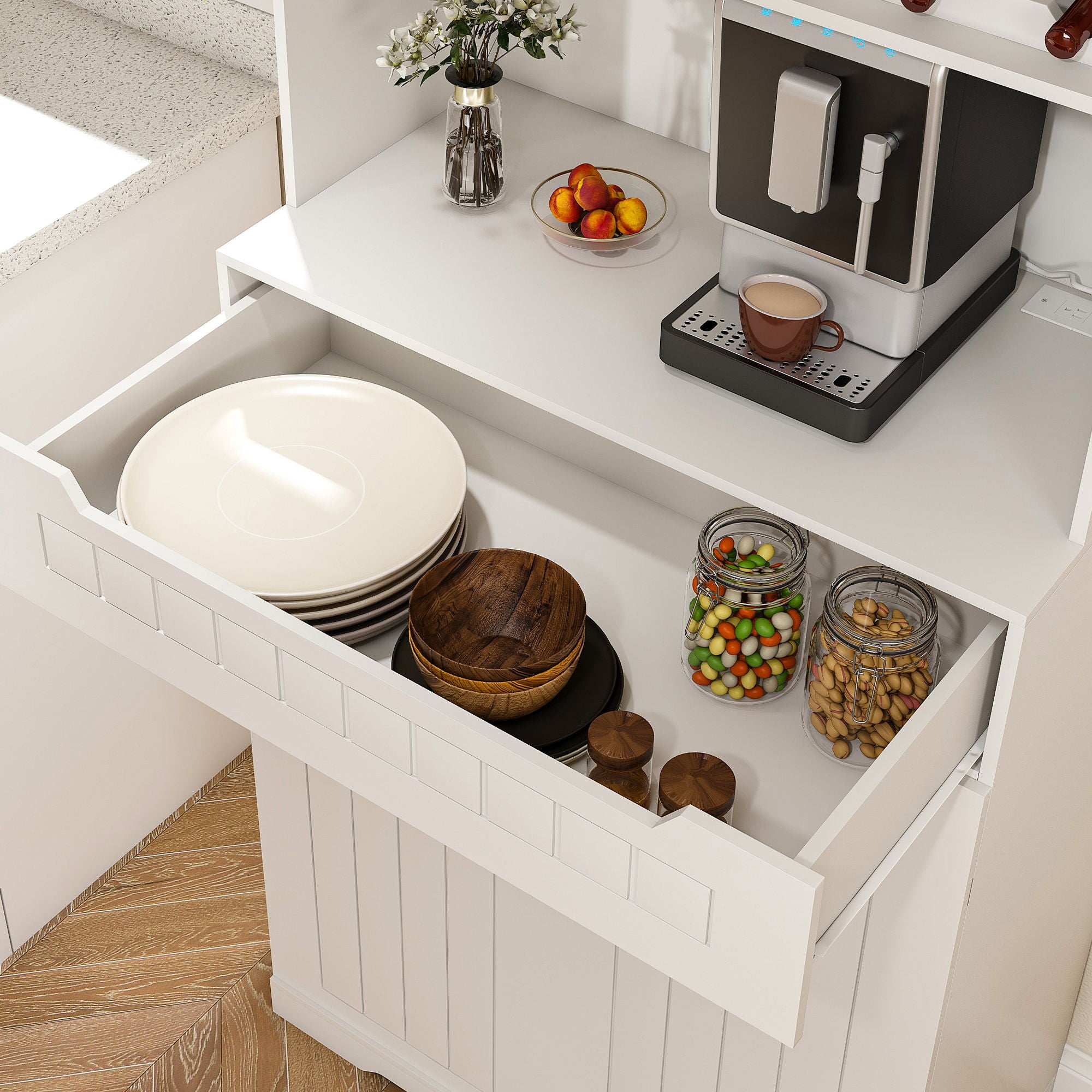 Modern Farmhouse Buffet Cabinet With Hutch Kitchen Storage Sideboard With Drawers & Barn Doors - White