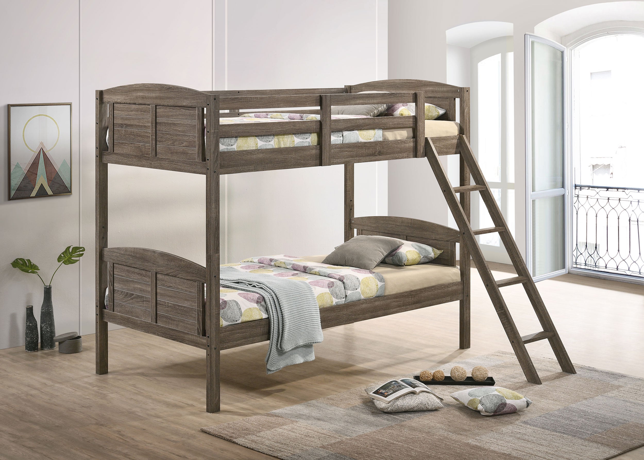 Flynn Wood Twin Over Twin Bunk Bed with Mattress Weathered Brown-