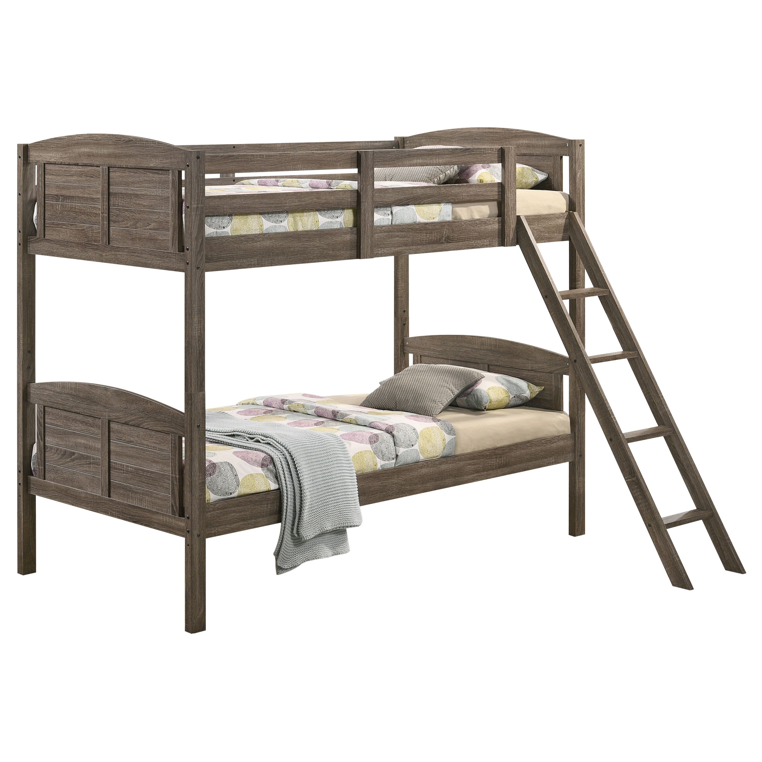 Flynn Wood Twin Over Twin Bunk Bed with Mattress Weathered Brown-