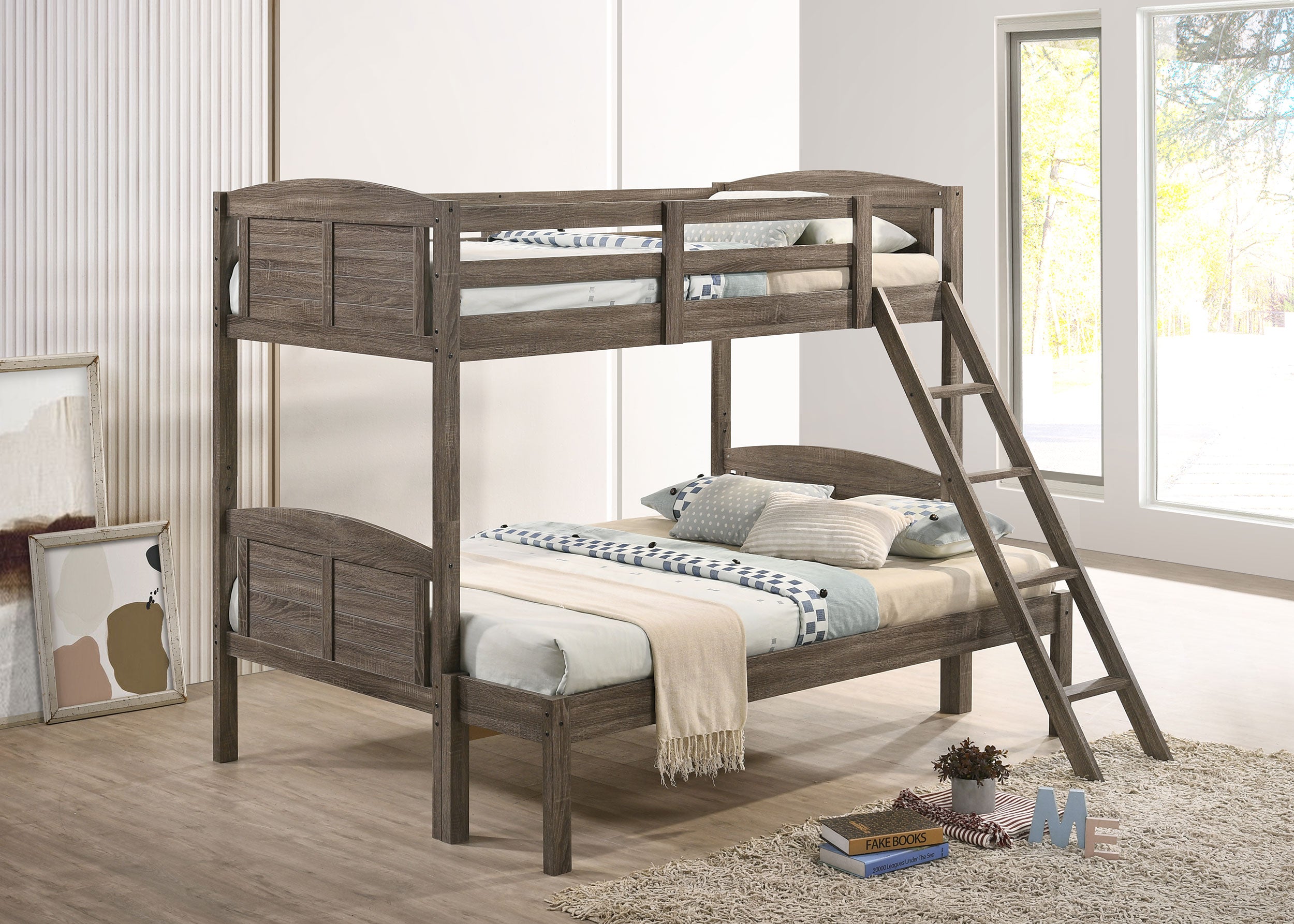 Flynn Wood Twin Over Full Bunk Bed with Mattress Weathered Brown-