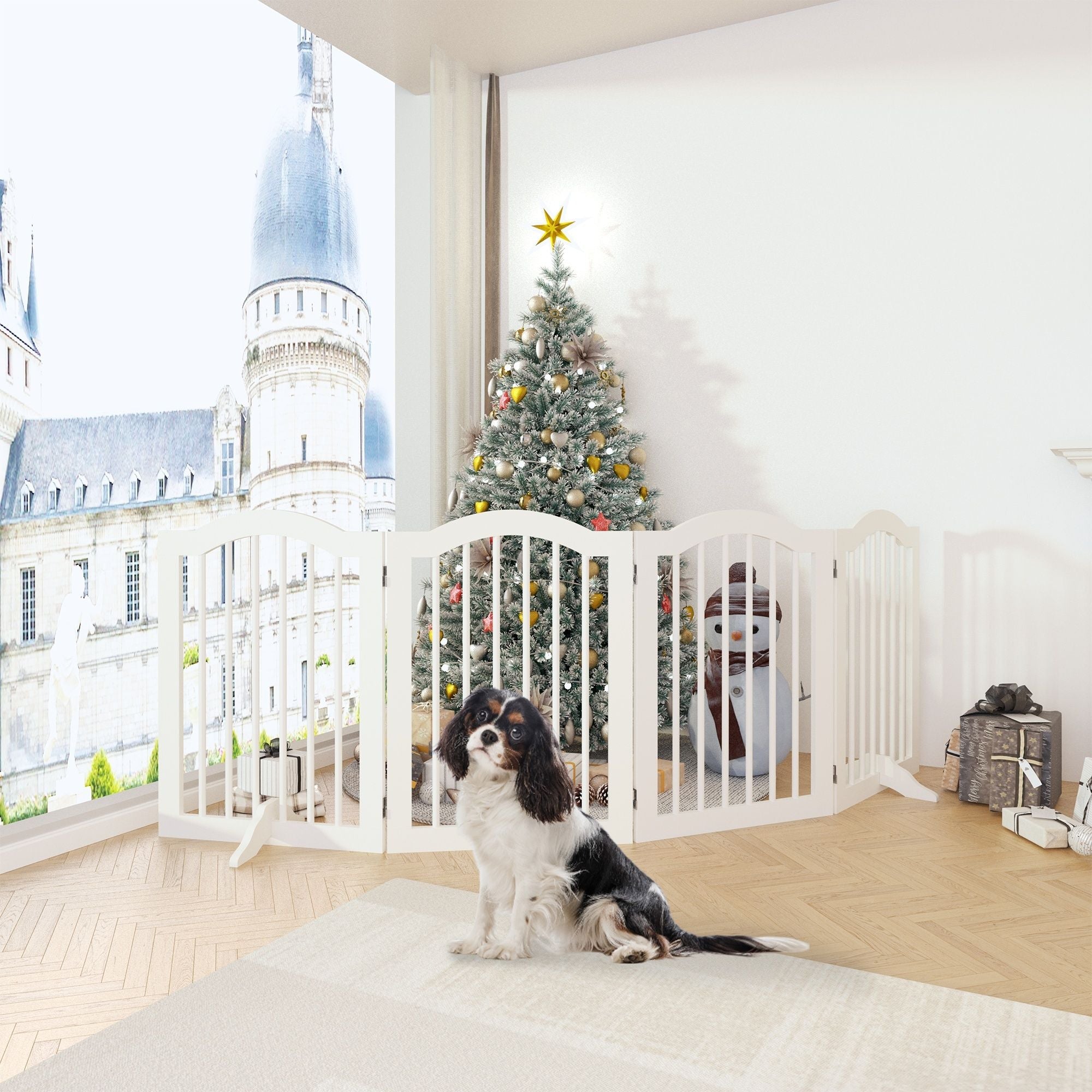4 Panel Freestanding Pet Gate With Foldable Design And Support Feet - White