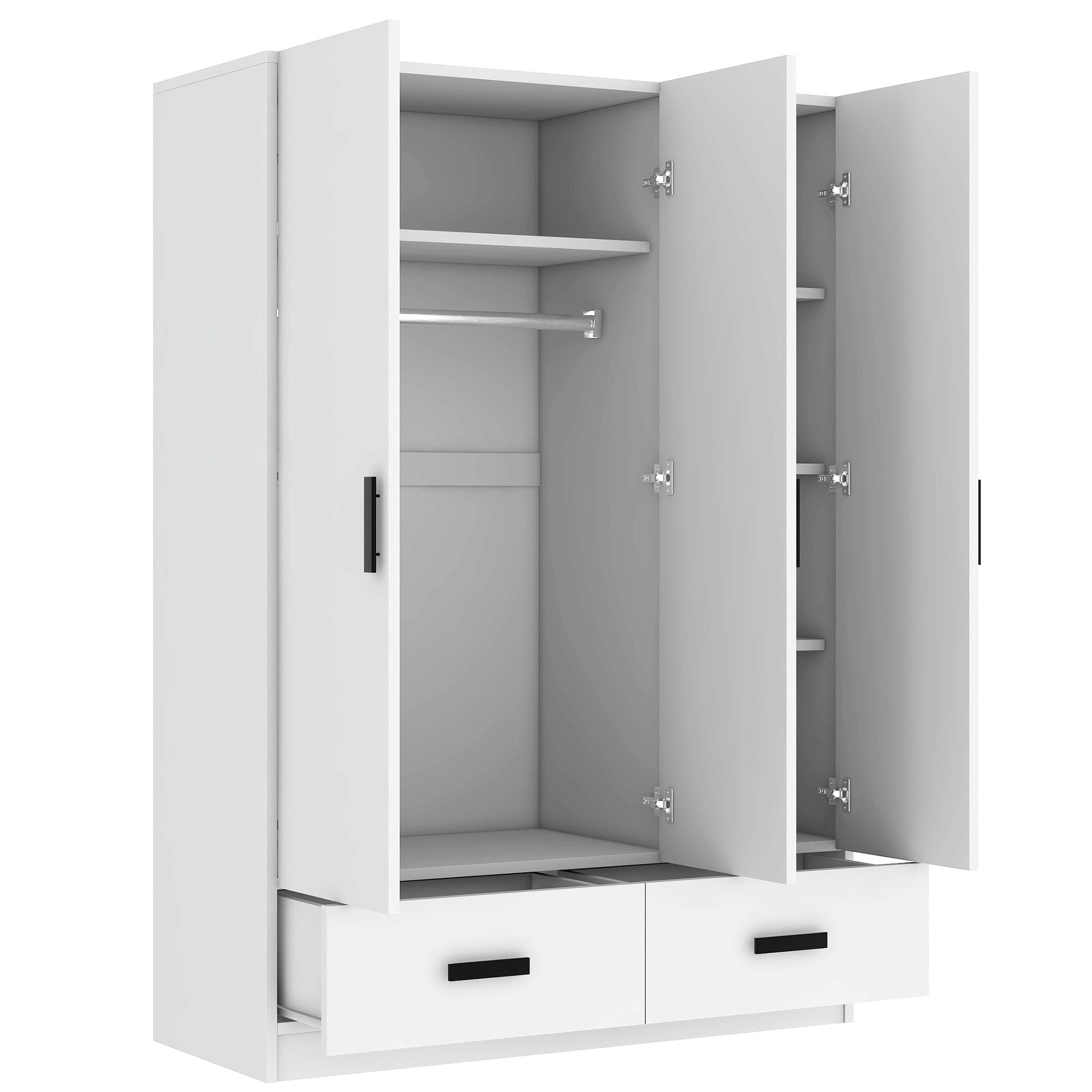 3 Door Wardrobe Closet With Storage Drawers, Shelves And Hanging Rod - White