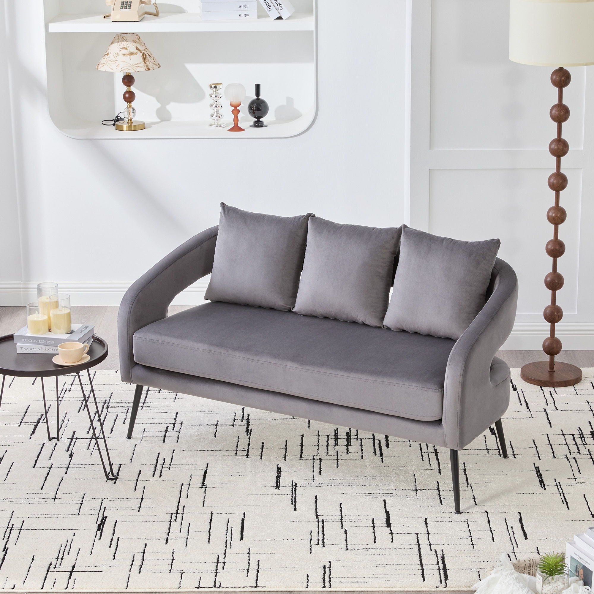 Open Back Loveseat Settee With 3 Pillows - Charcoal