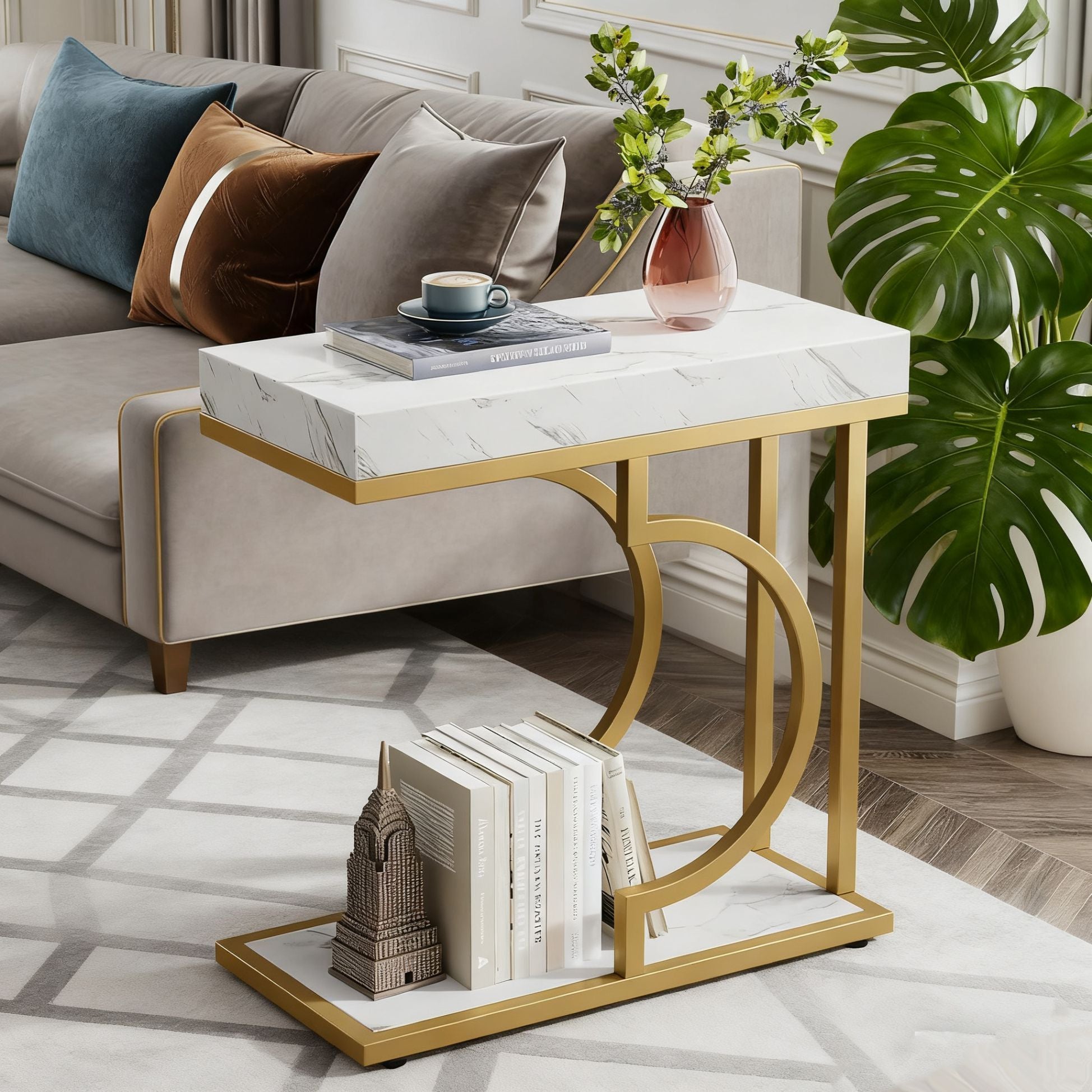 C-Shaped Sofa Side Table For Living Room - White / Gold