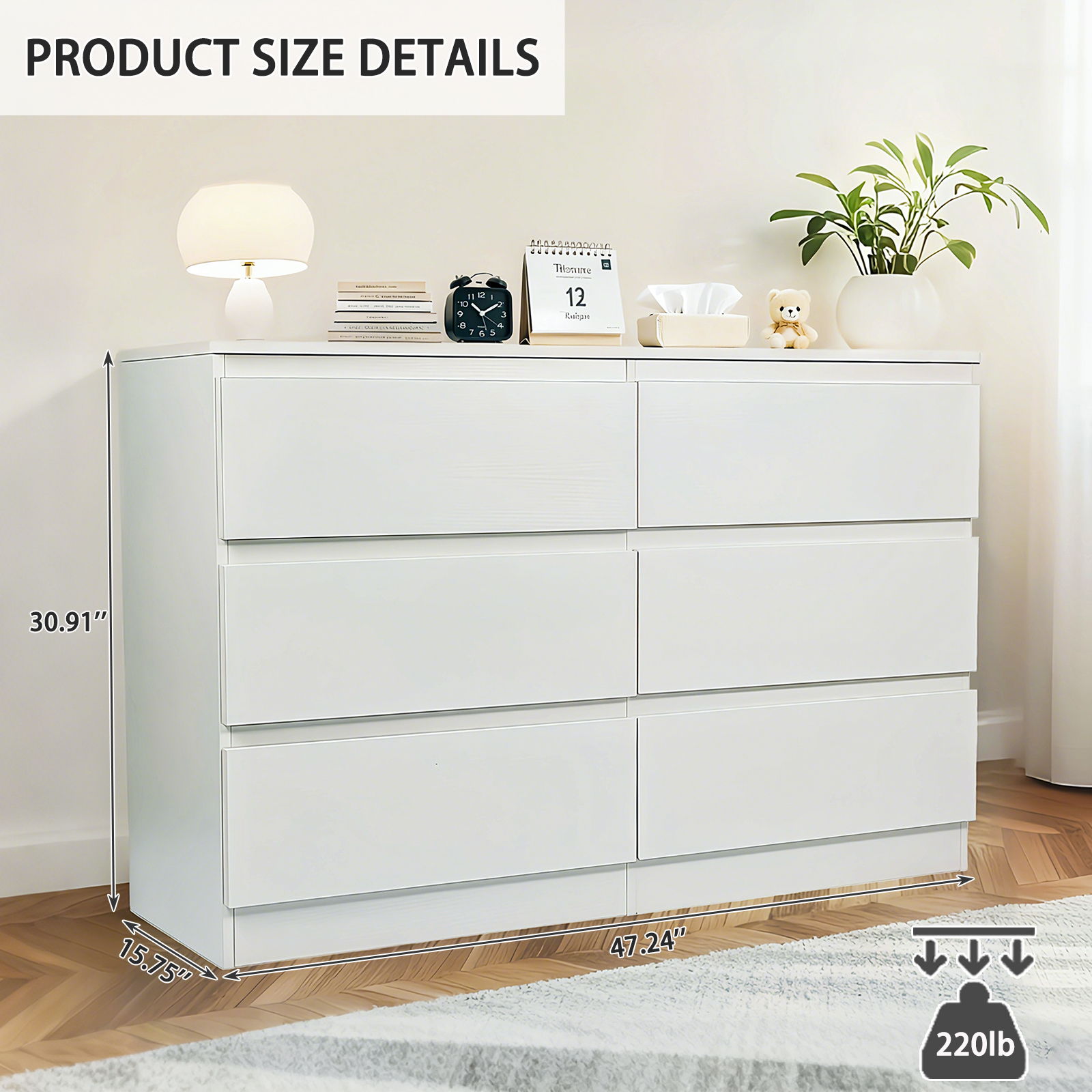 Modern 6 Drawer Dresser With Spacious Countertop And Concealed Handles, Storage Cabinet For Bedroom And Living Room - White
