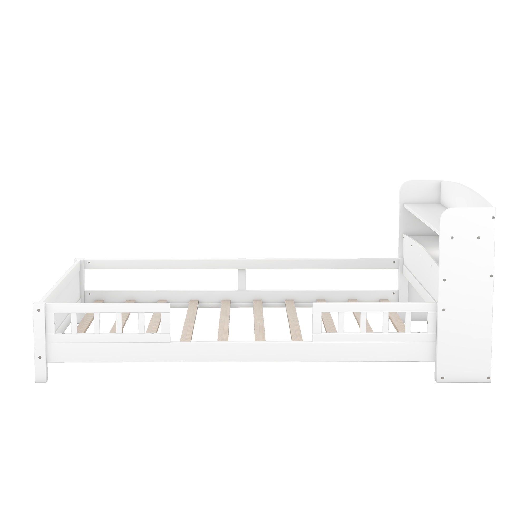 Wood Platform Bed With Built In LED Light, Storage Headboard And Guardrail