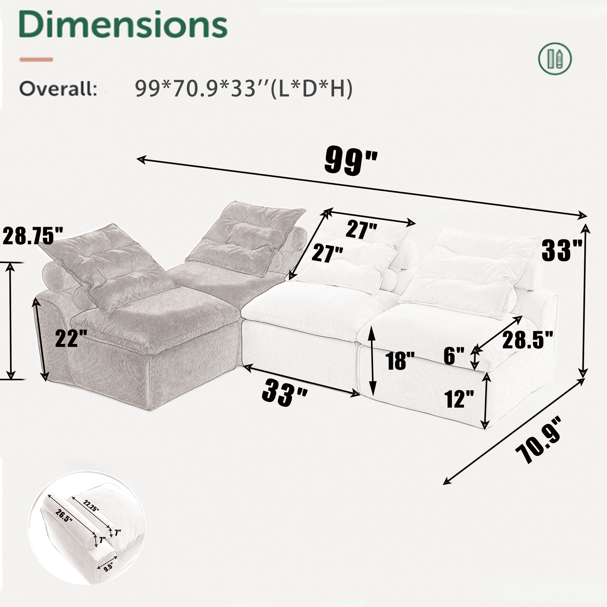 Modular Sofa No Armrests - BeigeBlack