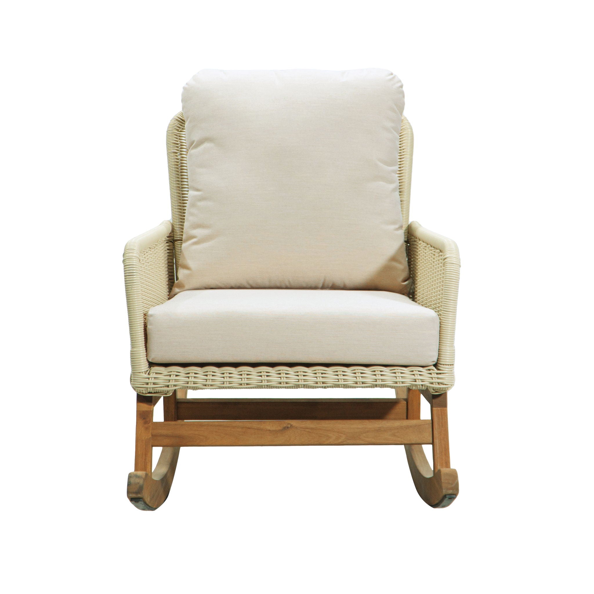Cushioned Rattan Rocking Chairs With Wooden Accent Table Modern 3 Piece Outdoor Seating Set For Patio Relaxation - Ivory