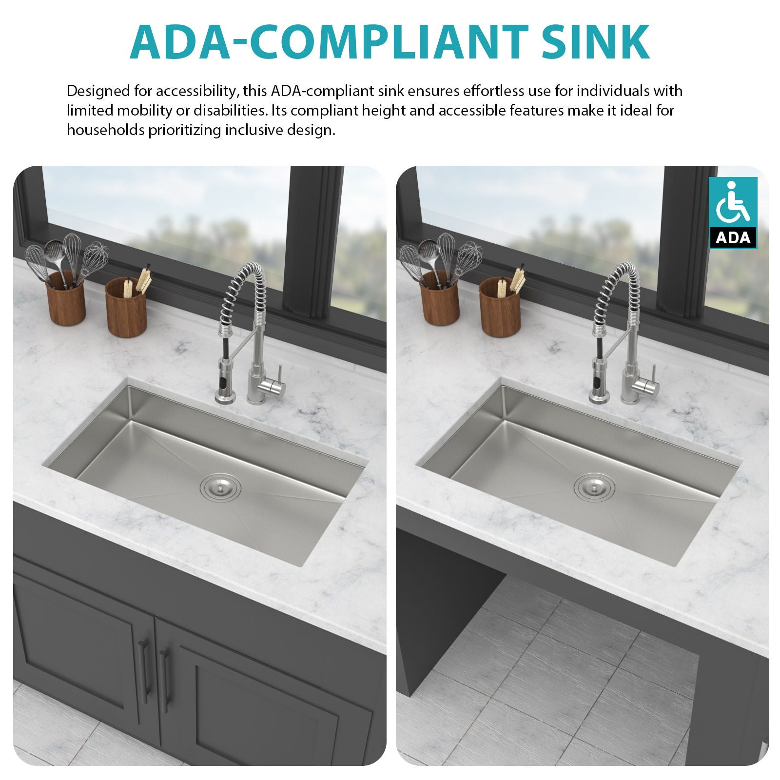 Ada-Compliant 27" Undermount Sink, Low Depth Single Bowl - Brushed Nickel