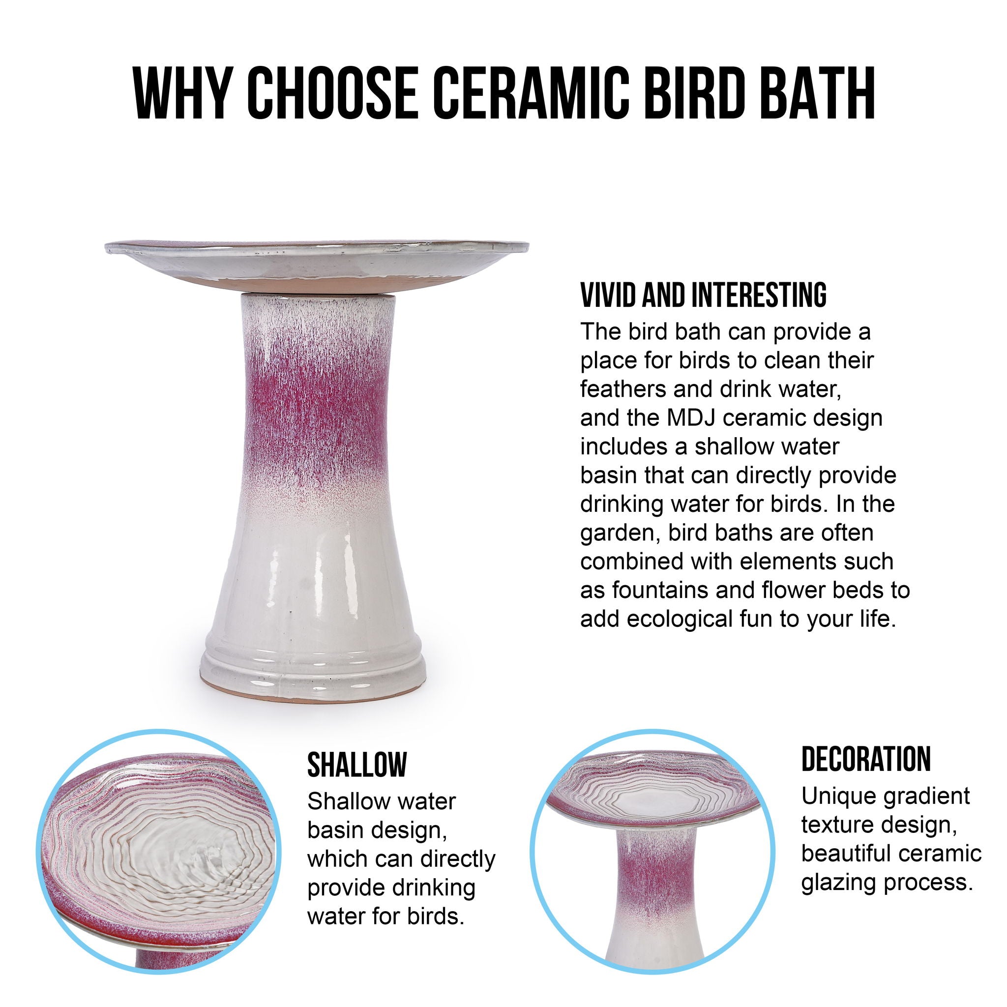 Birdbath For Patio, Garden - White / Pink