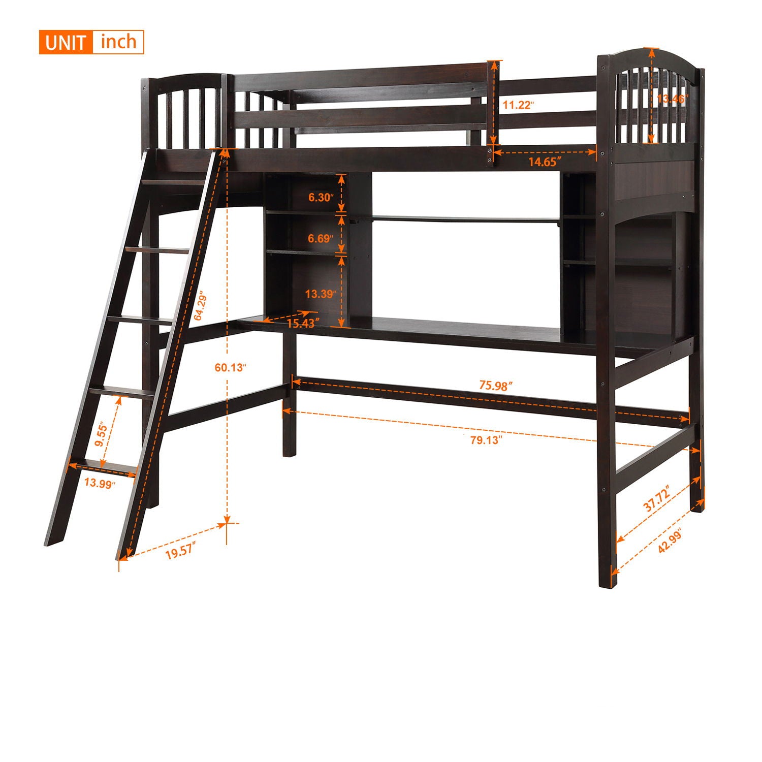 Loft Bed With Storage Shelves, Desk And Ladder