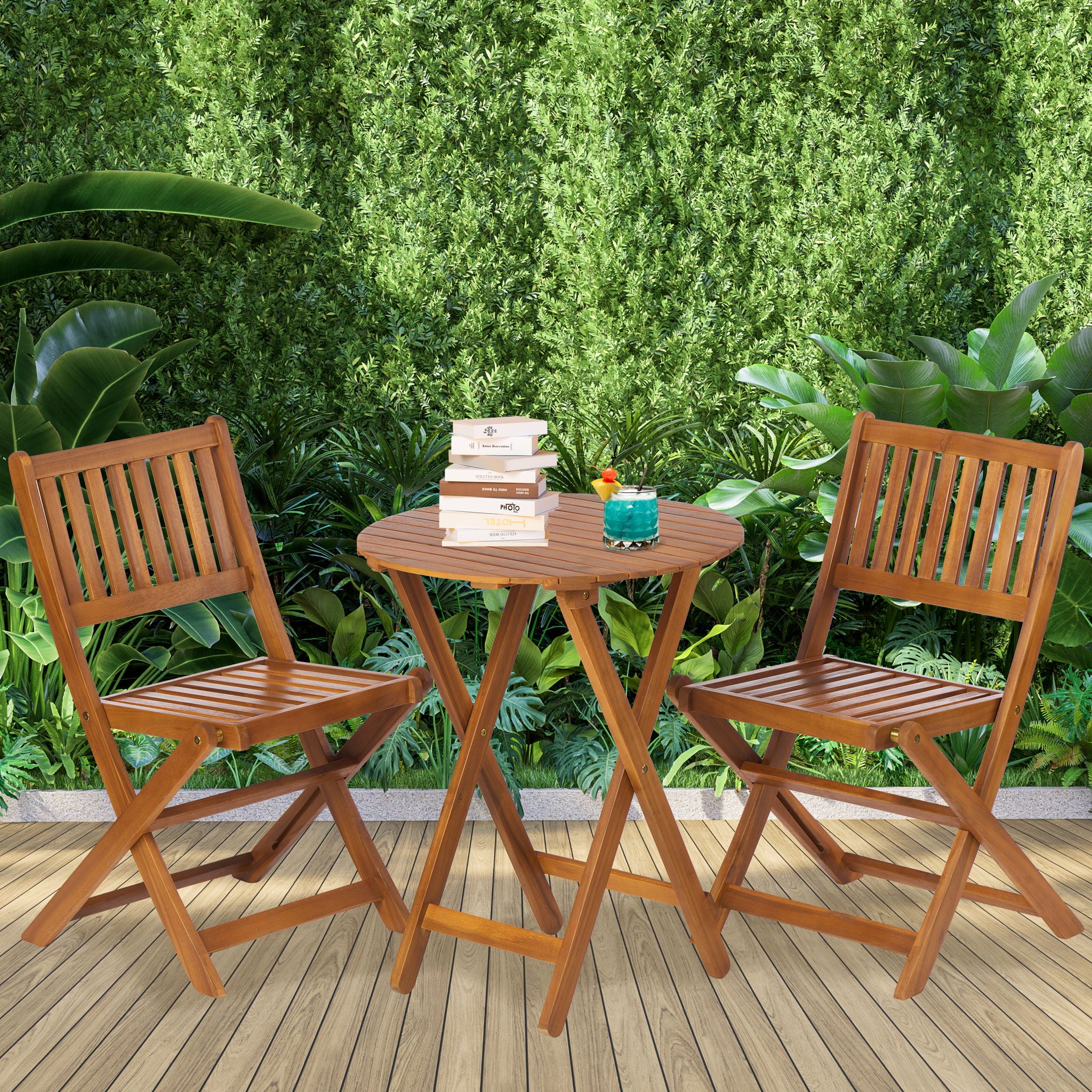 3 Piece Acacia Bistro Set, Folding Patio Furniture With 1 Coffee Table And 2 Foldable Chairs