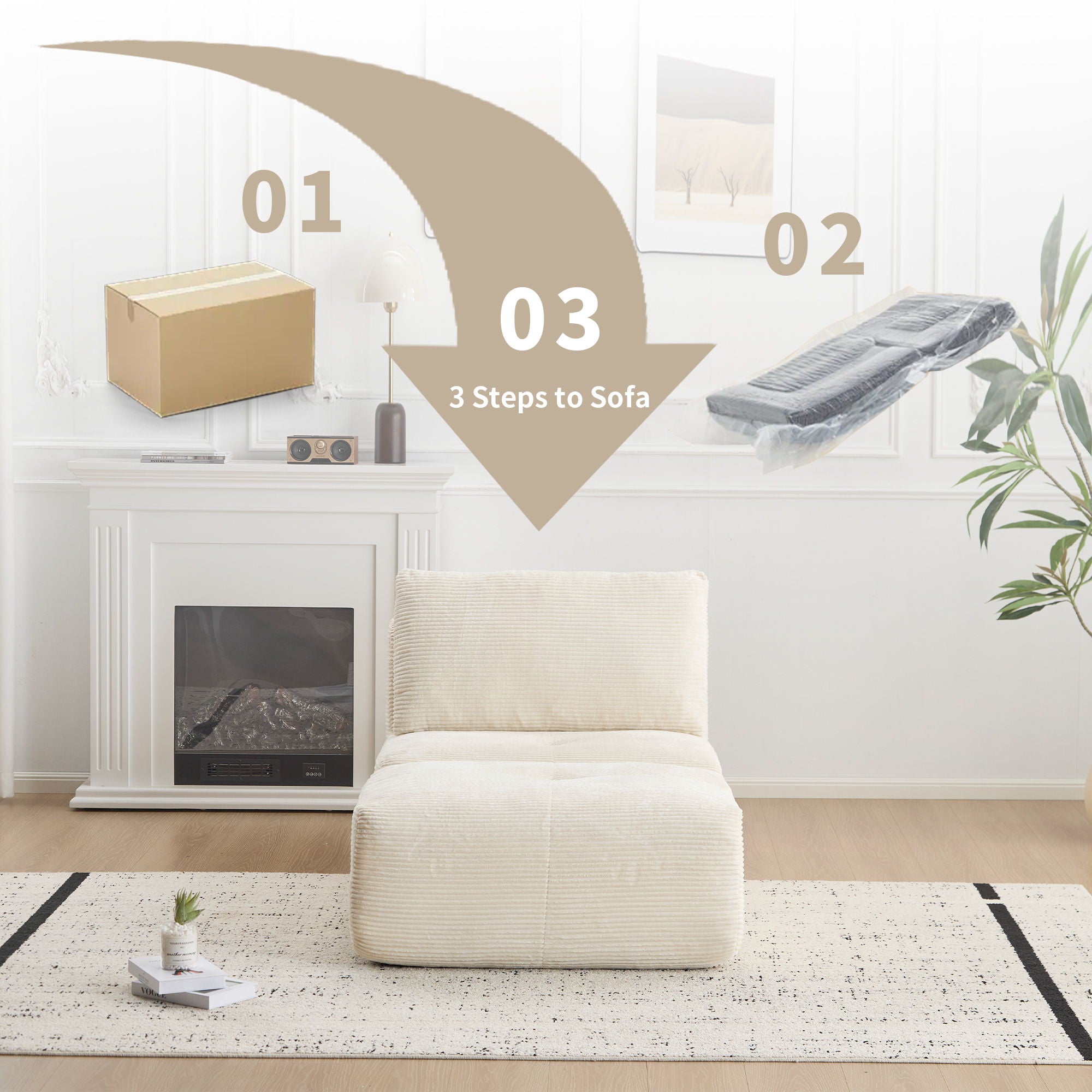 Compressed Sofa, Single Chaise Longue, Movable Ottoman For Living Room - Beige