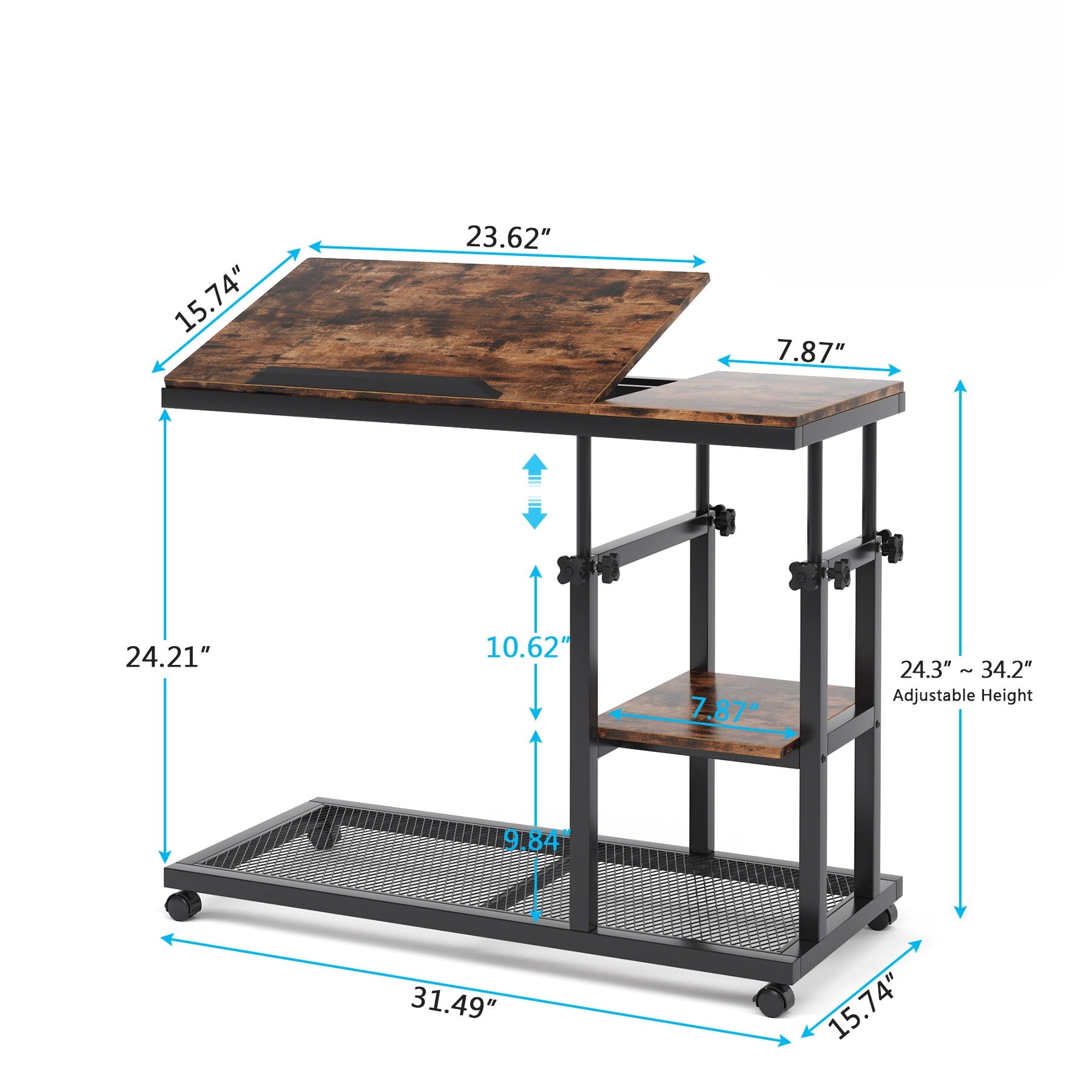 C-Shaped Adjustable End Table With Wheels And Tilting Top With Side Pocket And Storage Shelf - Brown / Black