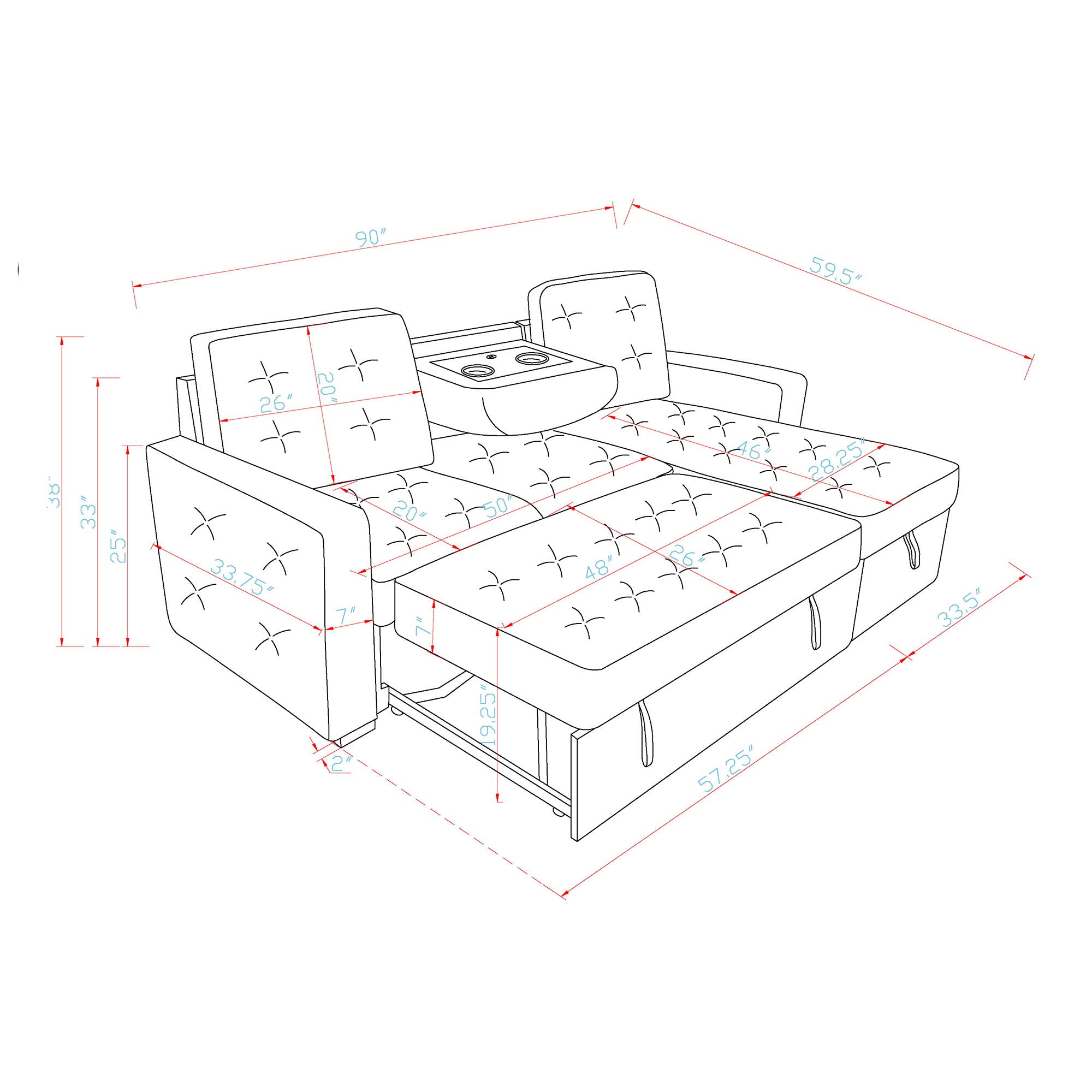 Gustavo - Sofa, Pull Out Bed, Storage Chaise, USB And Cup Holders - Beige
