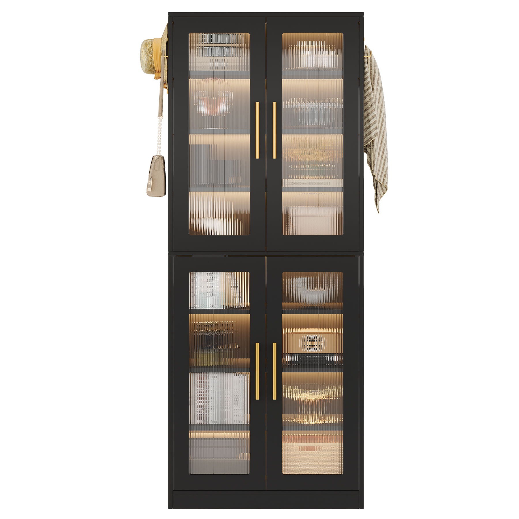Bookcase With Doors And LED Lighting, 8 Adjustable Shelves Storage Cabinet