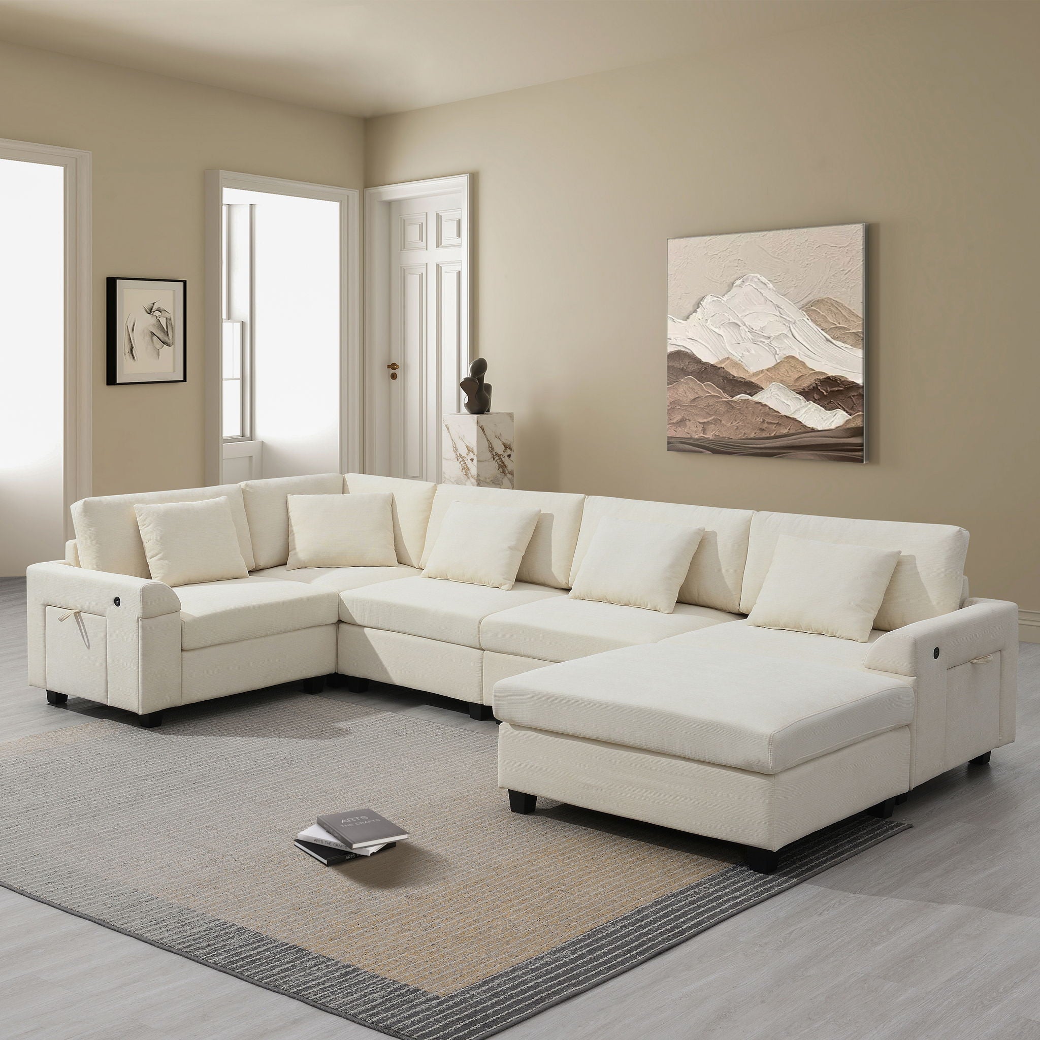 U Shaped Sectional Sofa 6 Seat Couch Set With Oversized Ottoman, Hidden Armrest Storage And Cup Holders USB Charging Ports Wide Seat Sofa