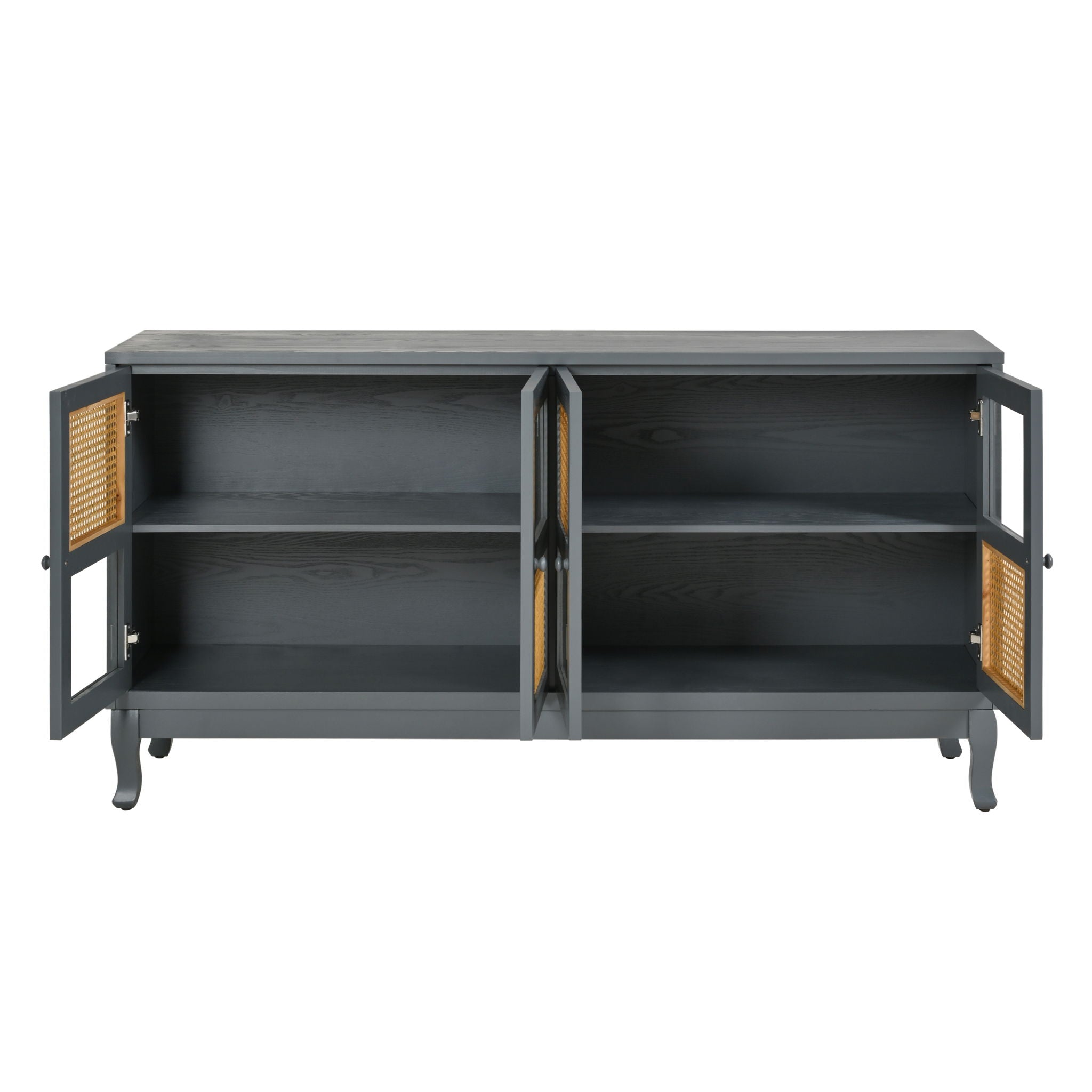 Retro Industrial 4 Door Sideboard With Large Storage, Rattan And Glass Doors