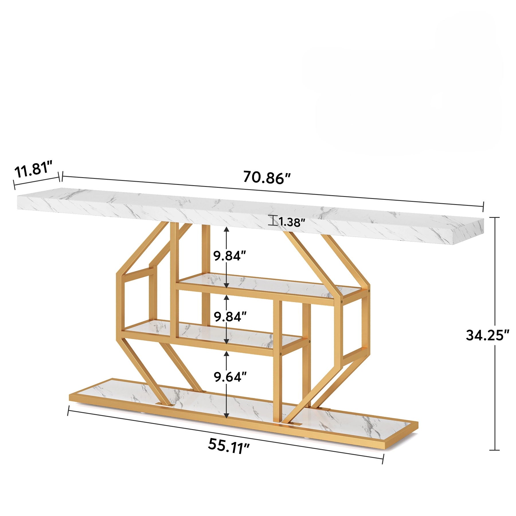 Extra Long Console Table With 4 Tier Storage For Living Hallway - White / Gold