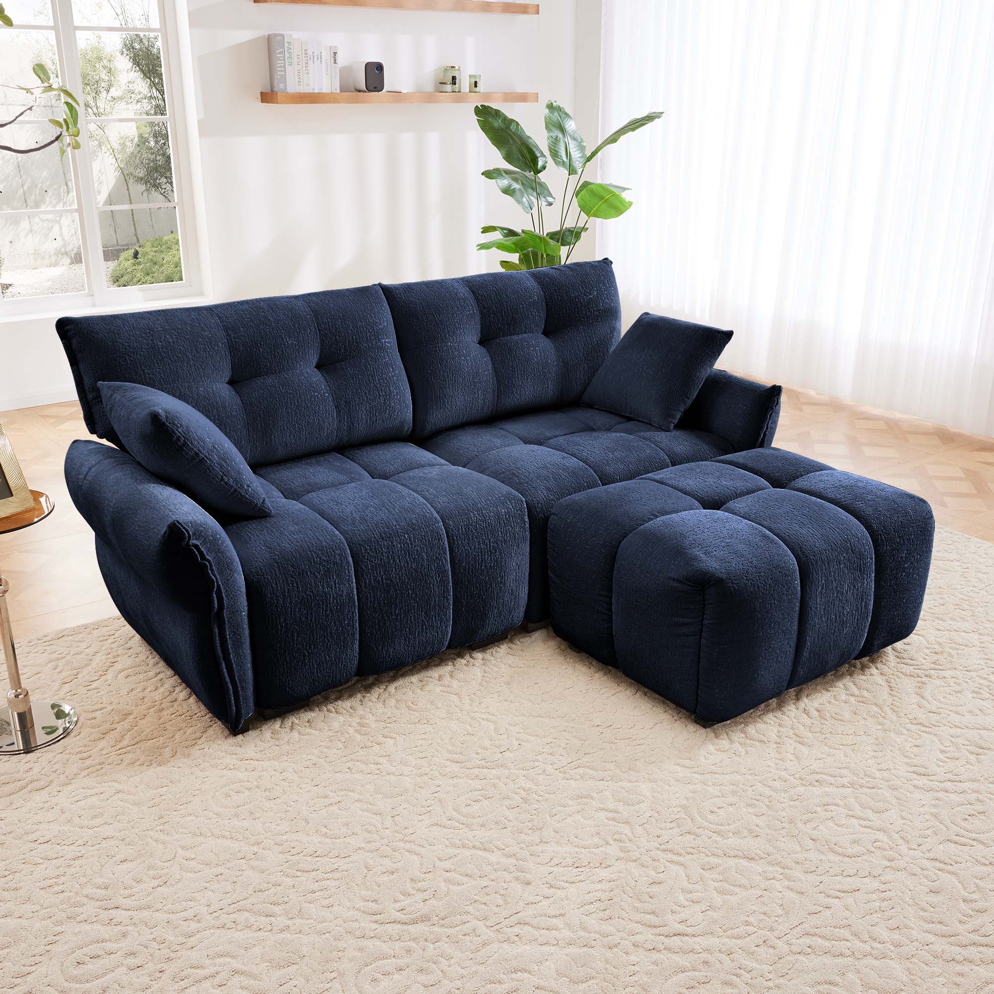 Modern Fabric 2 Seater Sofa With Ottoman Minimalist Design - Blue