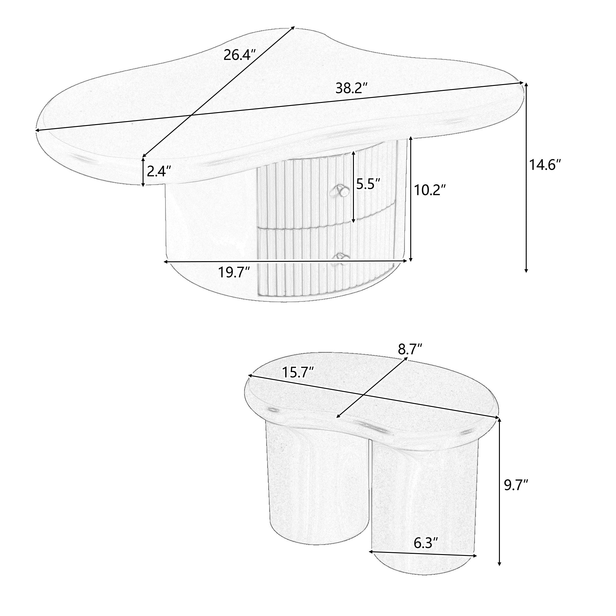 Cloud - Coffee Table (Set of 3), Irregular Shape Coffee Table With 2 Drawers, 2 Small Stools For Living Room - White